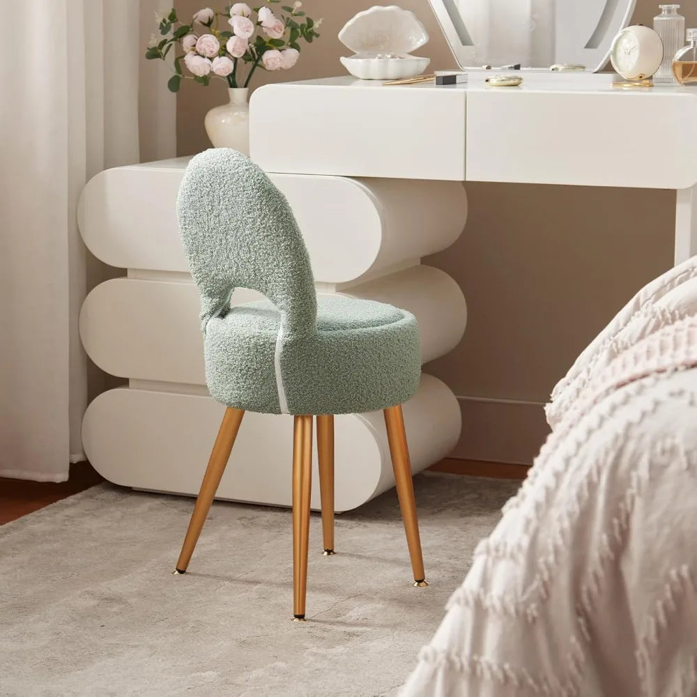 Compact Round Velvet Ottoman with Hidden Storage Foldable Backrest Metal Legs Anti Slip Feet for Bedroom Makeup