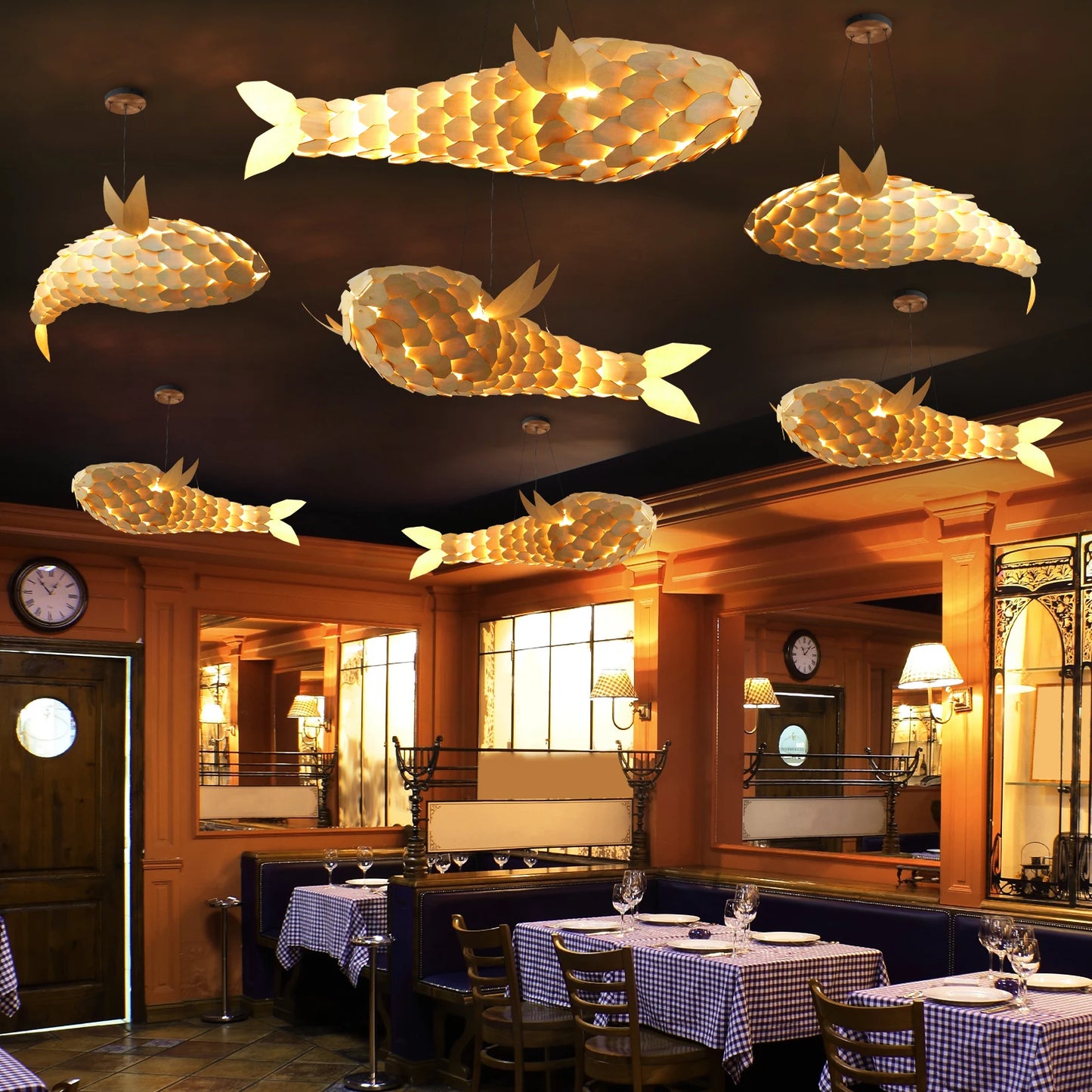 Vrygle Fish-shape Wood Ceiling Pendant Lamp Hand-woven Corridor Club Restaurant Decorative Chandeliers Lights
