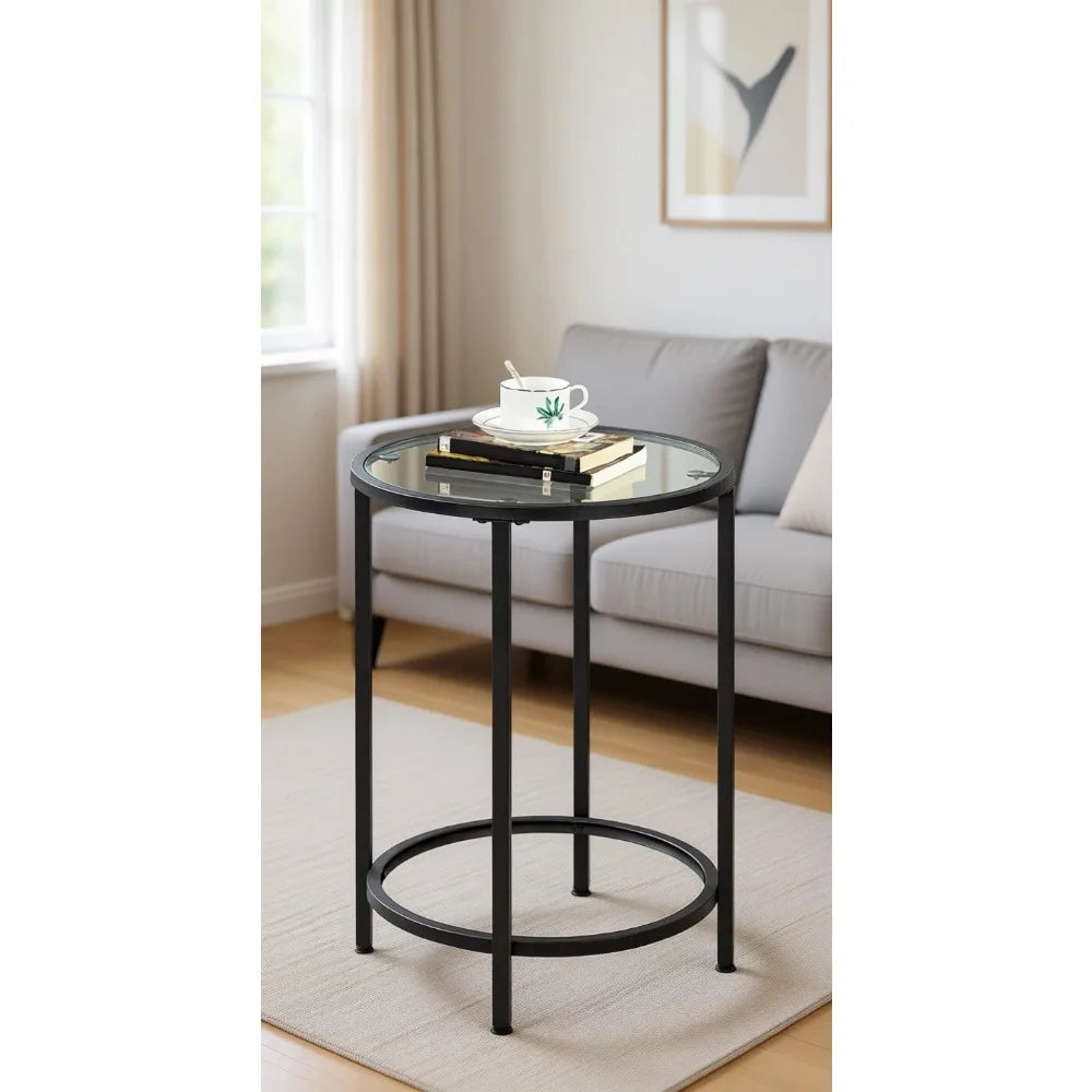 16'' Round Glass End Table with Iron Frame | Tempered Glass Top Side Table for Living Room, Holds 88 lb, 24'' Height