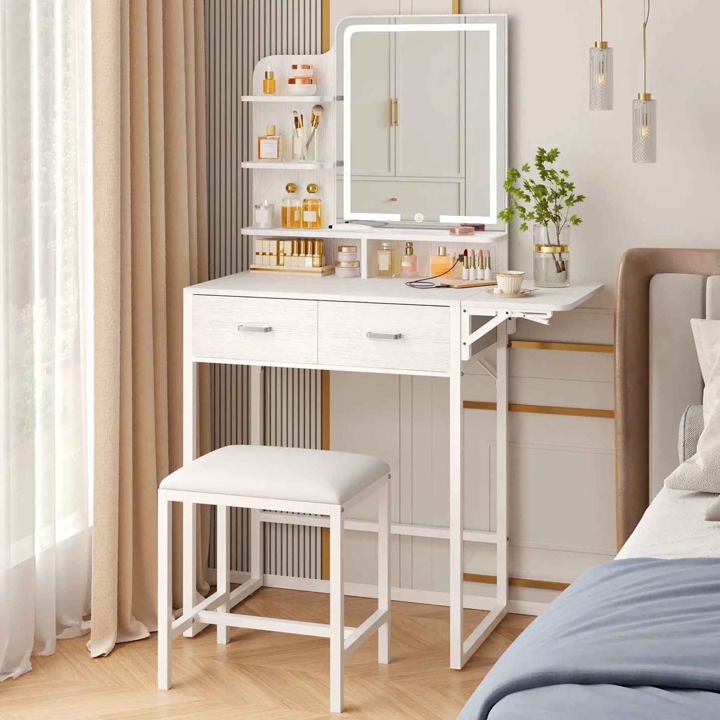 Fairy White Makeup Vanity Desk with Mirror, Lights, Power Outlet, Chair & Storage Drawer