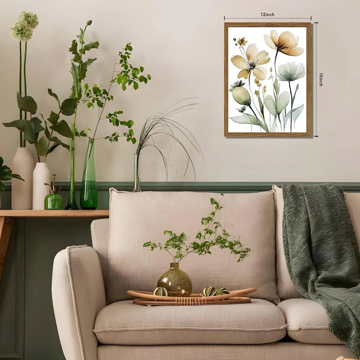 Wood Framed Sage Green Botanical Wall Art Set of 3, Boho Floral Canvas Wall Decor Paintings, Minimalist Flower Posters Prints Pictures for Bedroom Bathroom Living Room Home Decor 12x16 Inch