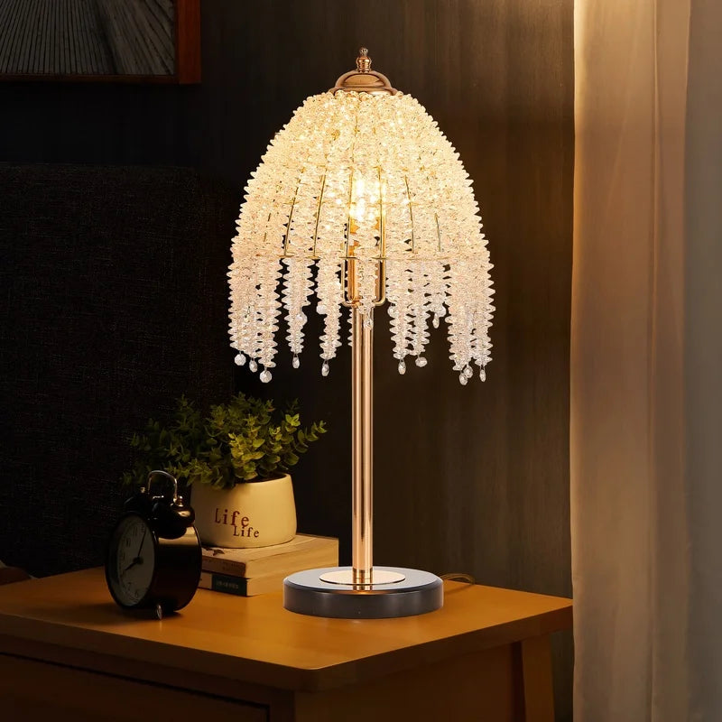 19" Elegant Crystal Table Lamp with Waterfall Bead Shades and Marble Base for Living Room, Bedroom, Office (Bulb Not Included)