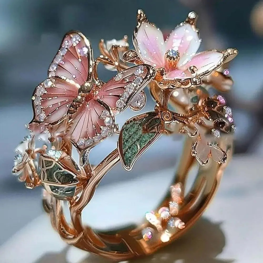 Aesthetic Flower Butterfly Rings for Female Romantic Rhinestone Stylish Non-fading Opening Ring Women Wedding Jewelry Party Gift