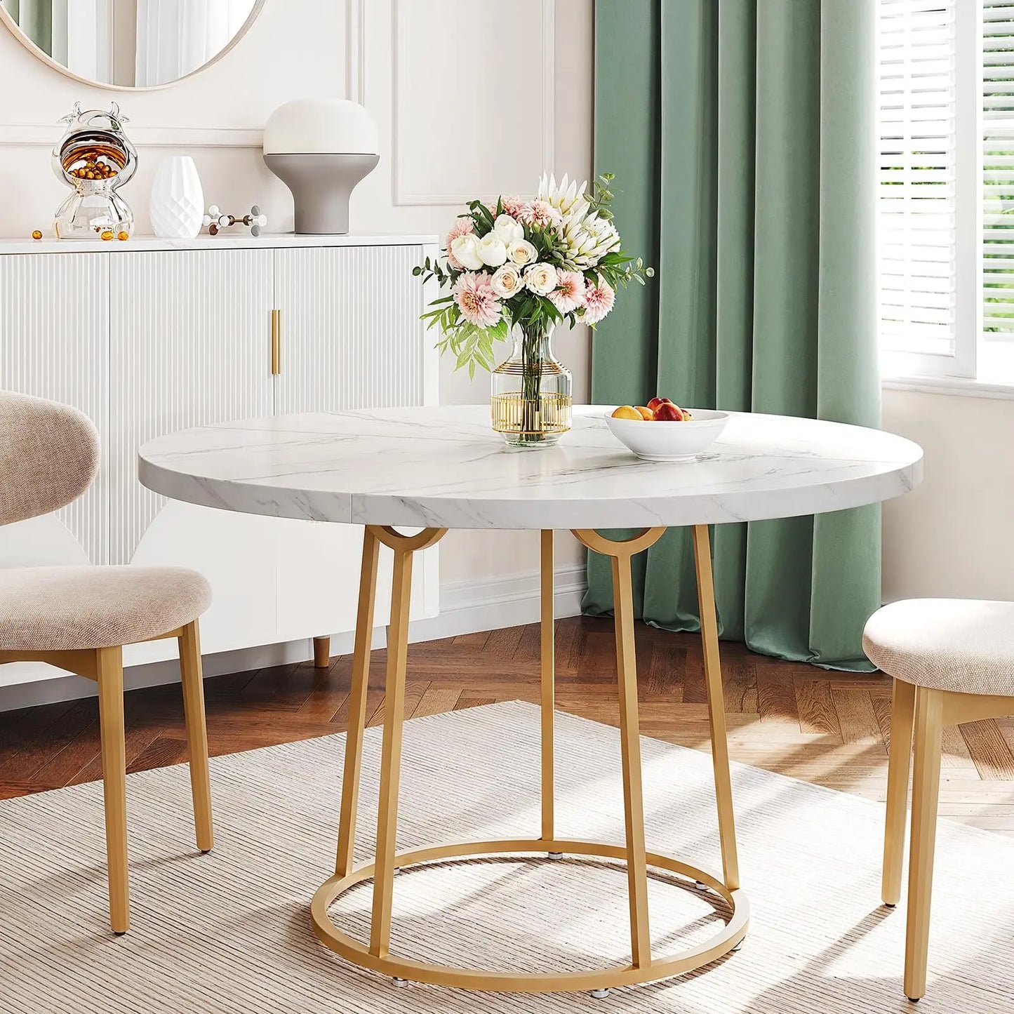 120cm Round Dining Table - Wooden Faux Marble Top & Gold Base Design - Modern Small Table for Kitchen Apartment Restaurant
