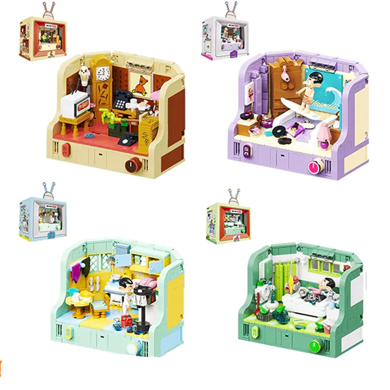 4 IN 1 Mr.Bean House Building Blocks Creative Anime Apartment Model Bricks Desktop Decoration Puzzle Toy For Kids Exquisite Gift