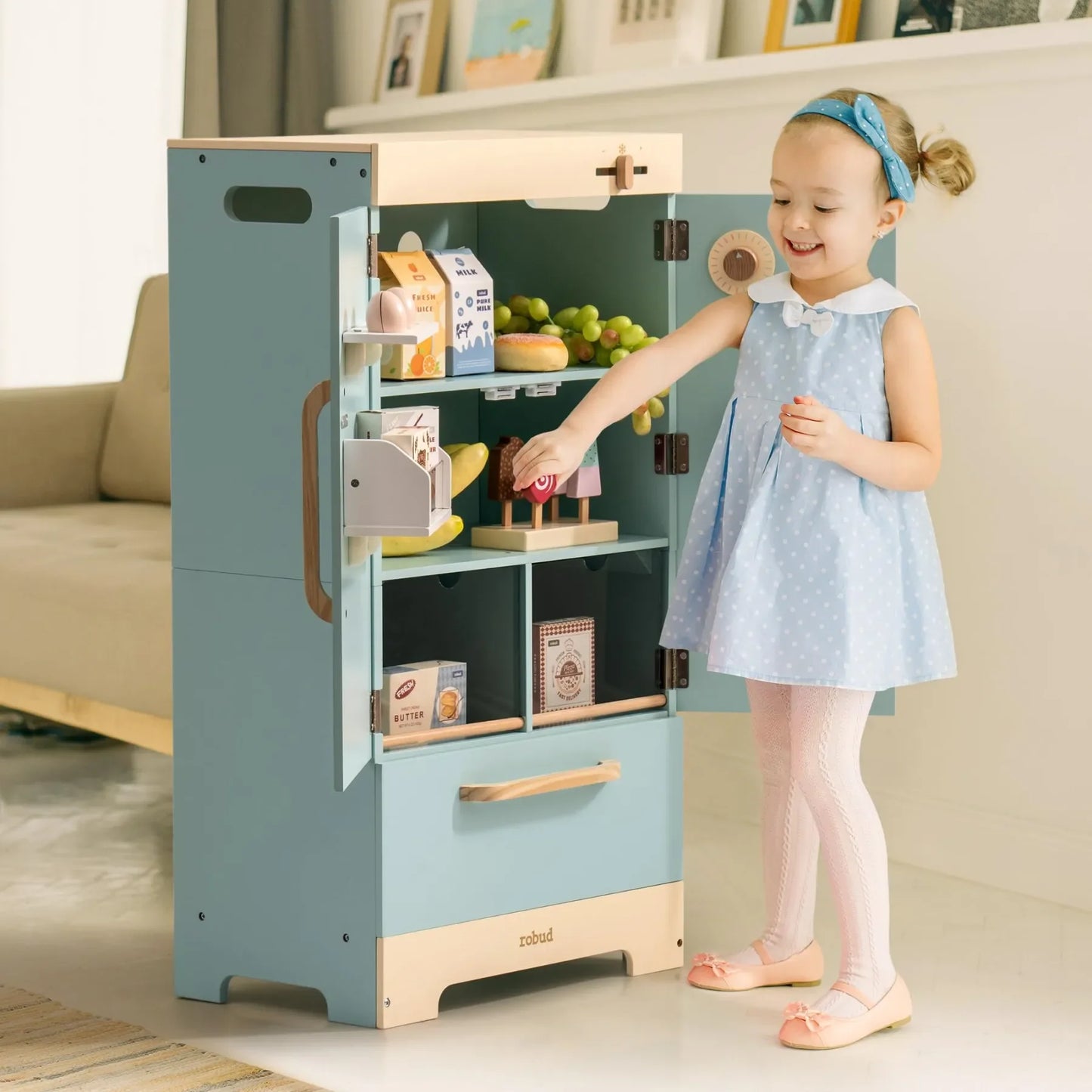 Kitchen Washer Playset Play Kitchen Fridge Refrigerator Play Toy Oven Wooden Kitchen Playset for Kids Age 3+Blue