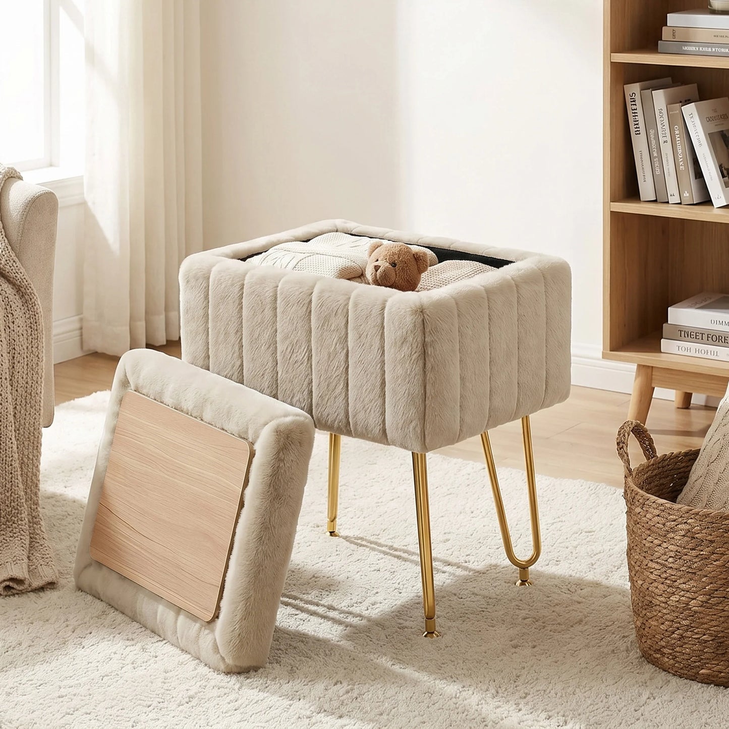 JHK Ottoman Faux Fur Vanity Stool Chair with Storage Padded Makeup with 4 Metal Legs Anti-Slip Adjustable Feet Living Room Hidden Storage Stools for Home Entryway