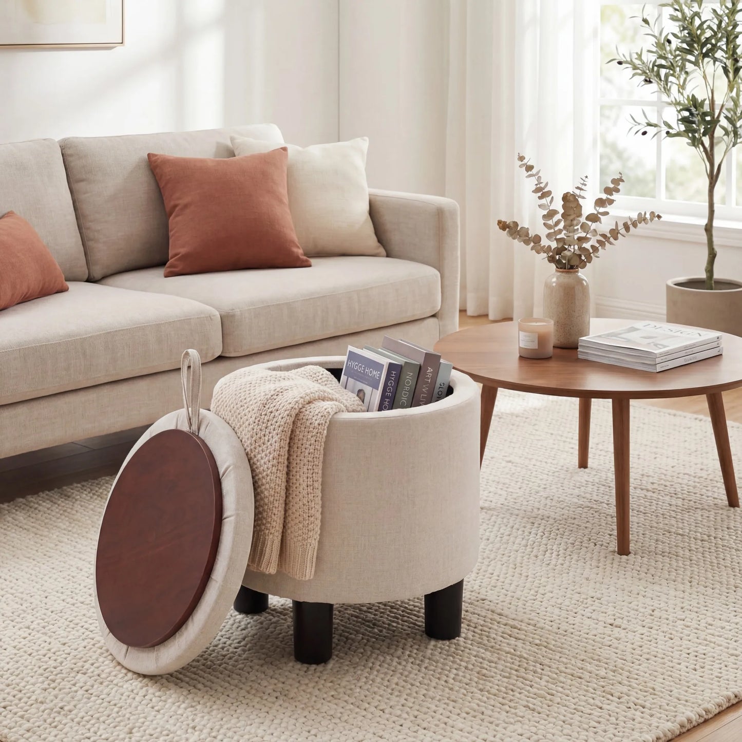 Round Storage Ottoman, Linen Fabric Upholstered Footrest Stool w/ Removable Lid