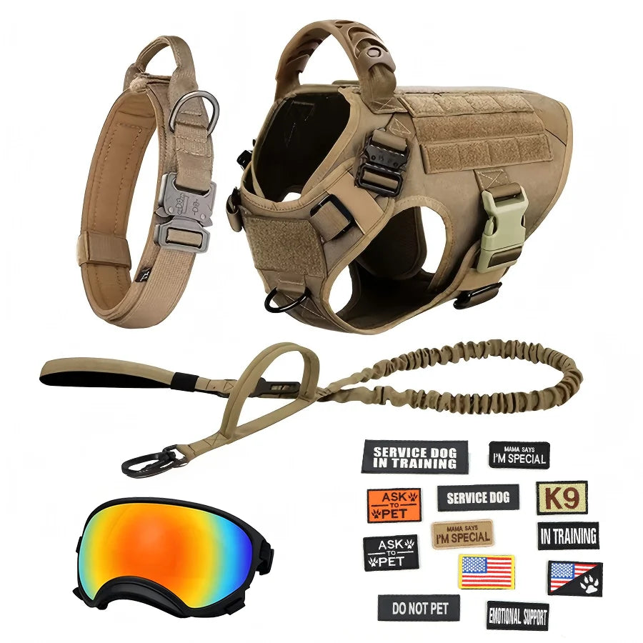 Tactical Dog Harness Vest With Collar Leash Velcro Patches And Sunglasses For Medium Large Dogs Adjustable For Outdoor Training Walking Working And Daily Use