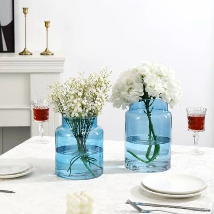 Large Glass Vase, Blue Glass Vase Set of 2, Large Flower Vases for Bouquet, Tall Wide Mouth Vases for Flowers, Home, Wedding, L