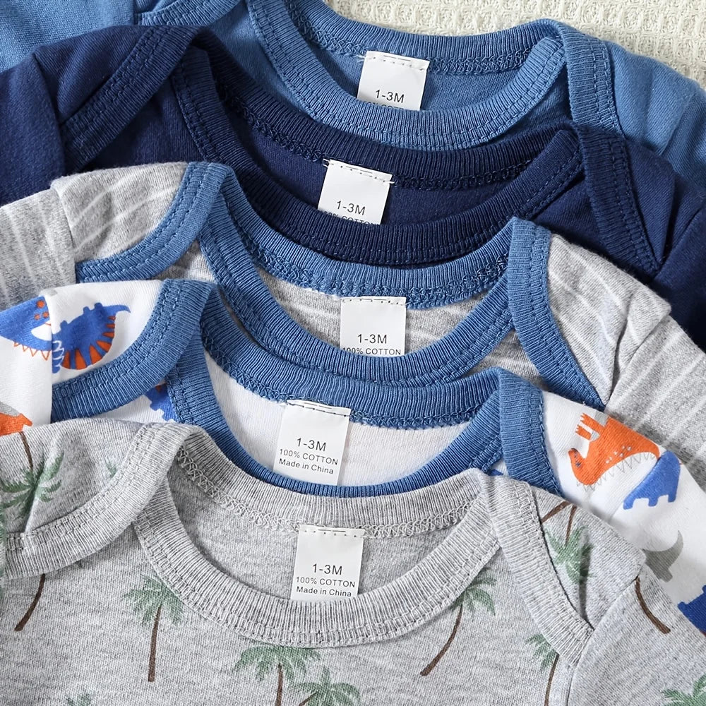 5pcs Baby Boy Triangle Rompers, Creative Bodysuits And Short Crawlers, Short Sleeve Jumpsuits with Dinosaur Pattern, Soft And Breathable Casual Infant Wear, Newborn Hospital Essentials, Bargain, for Outdoor
