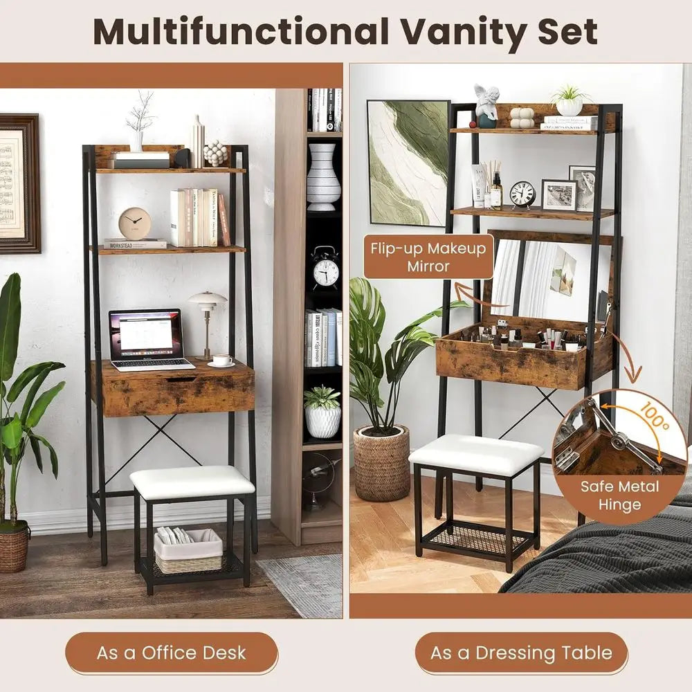 Vanity Desk Set with lip-up Mirror, Ladder Vanity Table and Cushioned Stool Set w/ 4 Storage Comparents, Small Makeup Dring Tabl