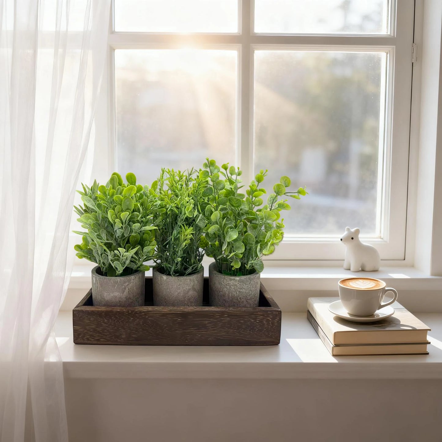 3 Pack Small Artificial Eucalyptus Potted Plants, Fake Greenery Plants in Pots with Wooden Tray, Small Farmhouse Table Centerpiece Decor for Coffee Table Dining Room Home Office