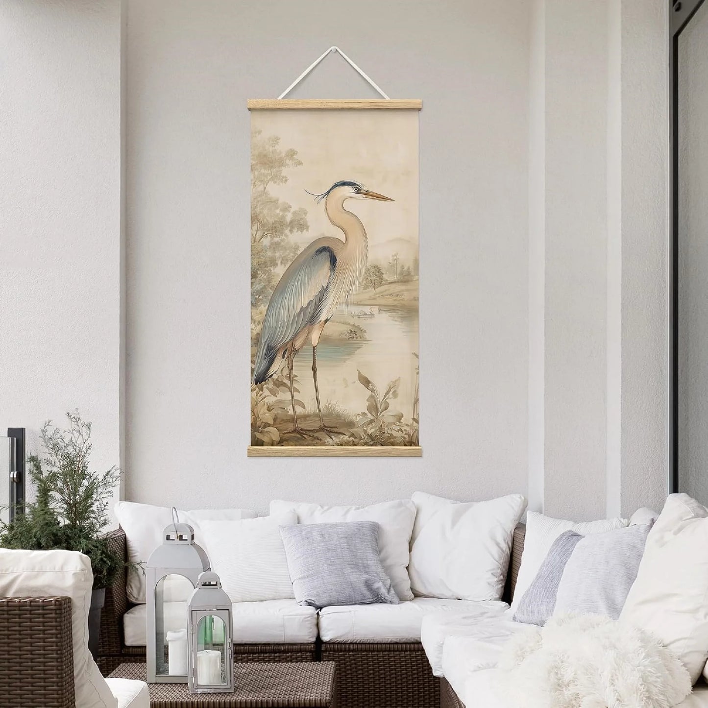 Wooden Framed Hanging Poster Vintage Lakeside Great Blue Heron Bird Wall Picture Poster Artwork for Home