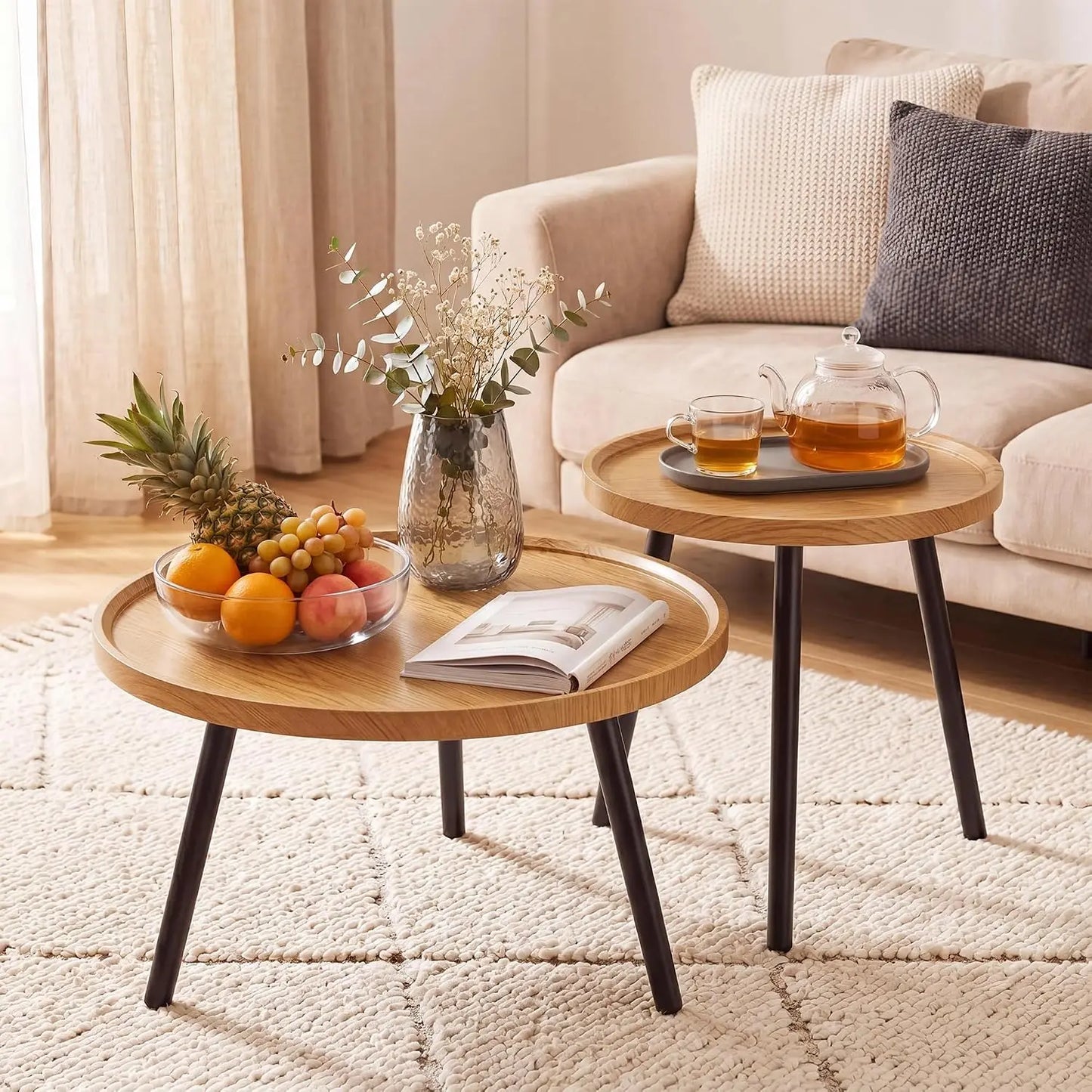 Round Nesting Coffee Table Set of 2, Wood & Metal Accent Table