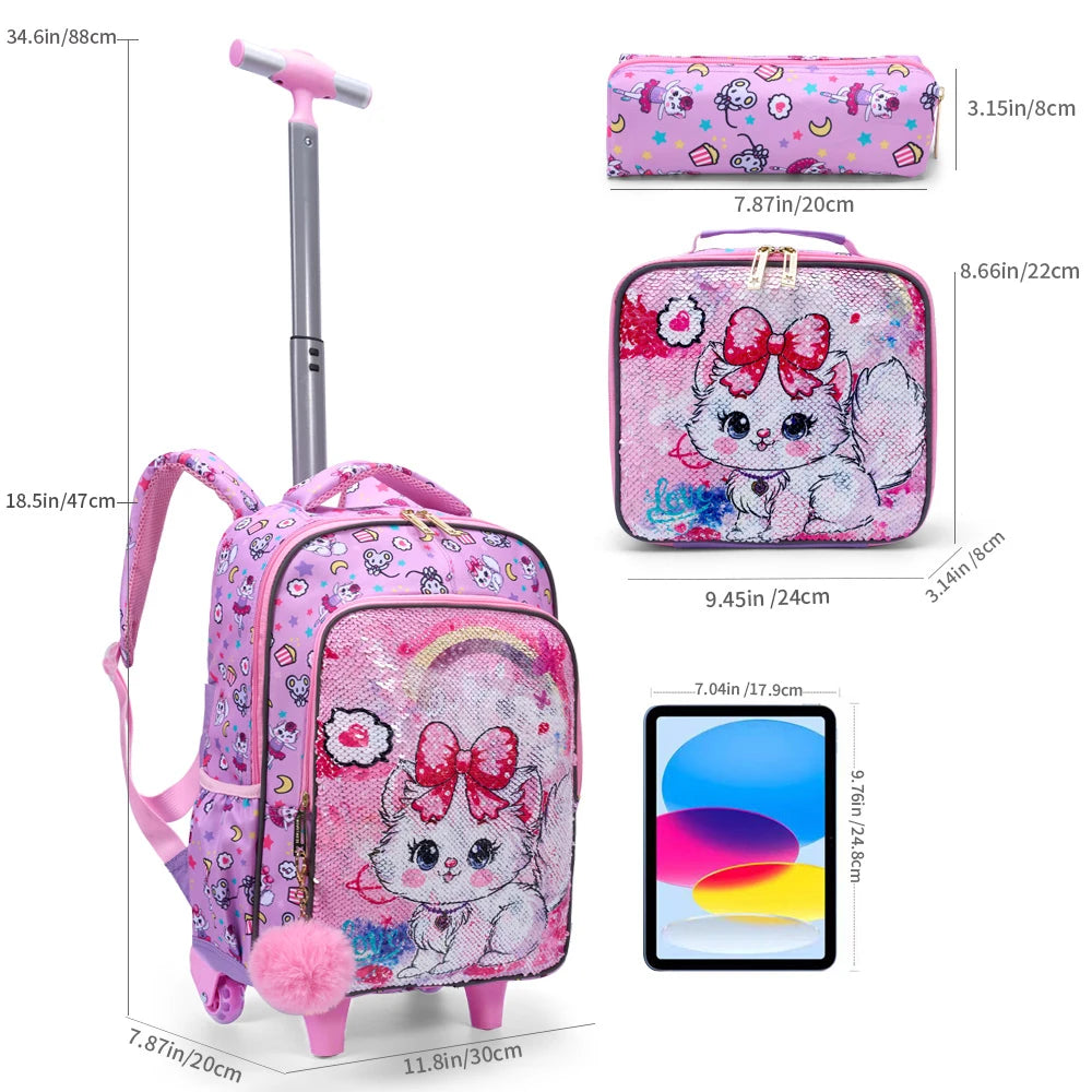 3PCS Kids travel bag, Luggage Bag, Bookbag with wheels, With Lunch Box And Pen Bag, Pink Cat sequin, Nighttime reflective