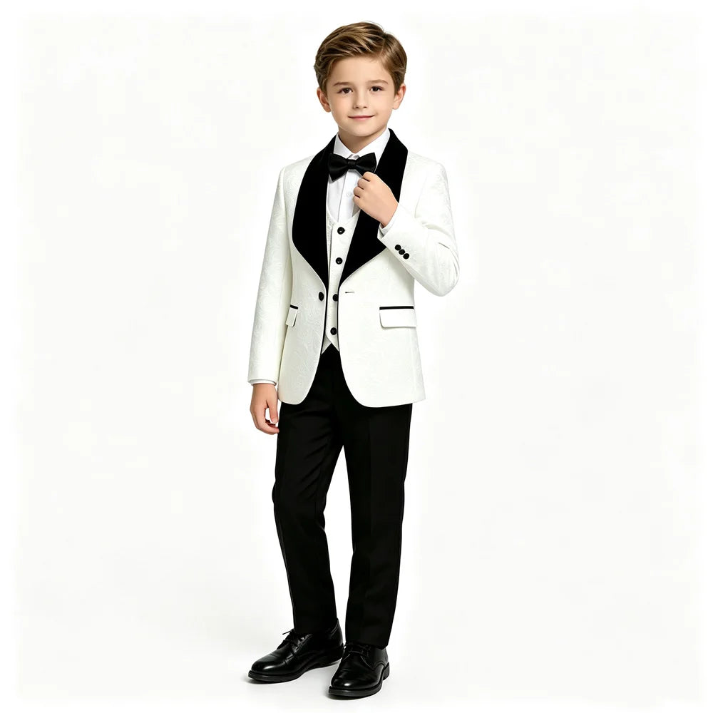 Boys White Jacquard Tuxedo Suit Black Velvet Shawl Lapel 3 Piece Kids Wedding Outfit Child Prom Graduation Stage Formal Blazer Vest Pants With Bow Tie