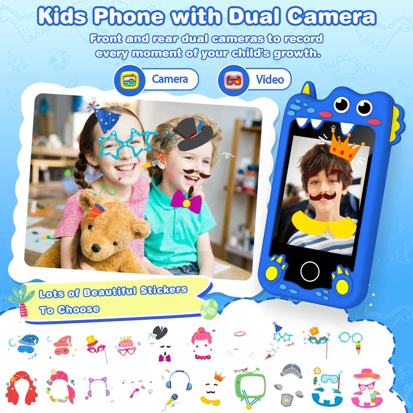 M SANMERSEN Dinosaur Kids Smart Phone for 3-6 Year Olds – 2.8" Touchscreen, Dual Camera, 28 Learning Games, MP3 Music Player, 32GB SD Card – Educational Toddler Phone Toy for Boys & Girls