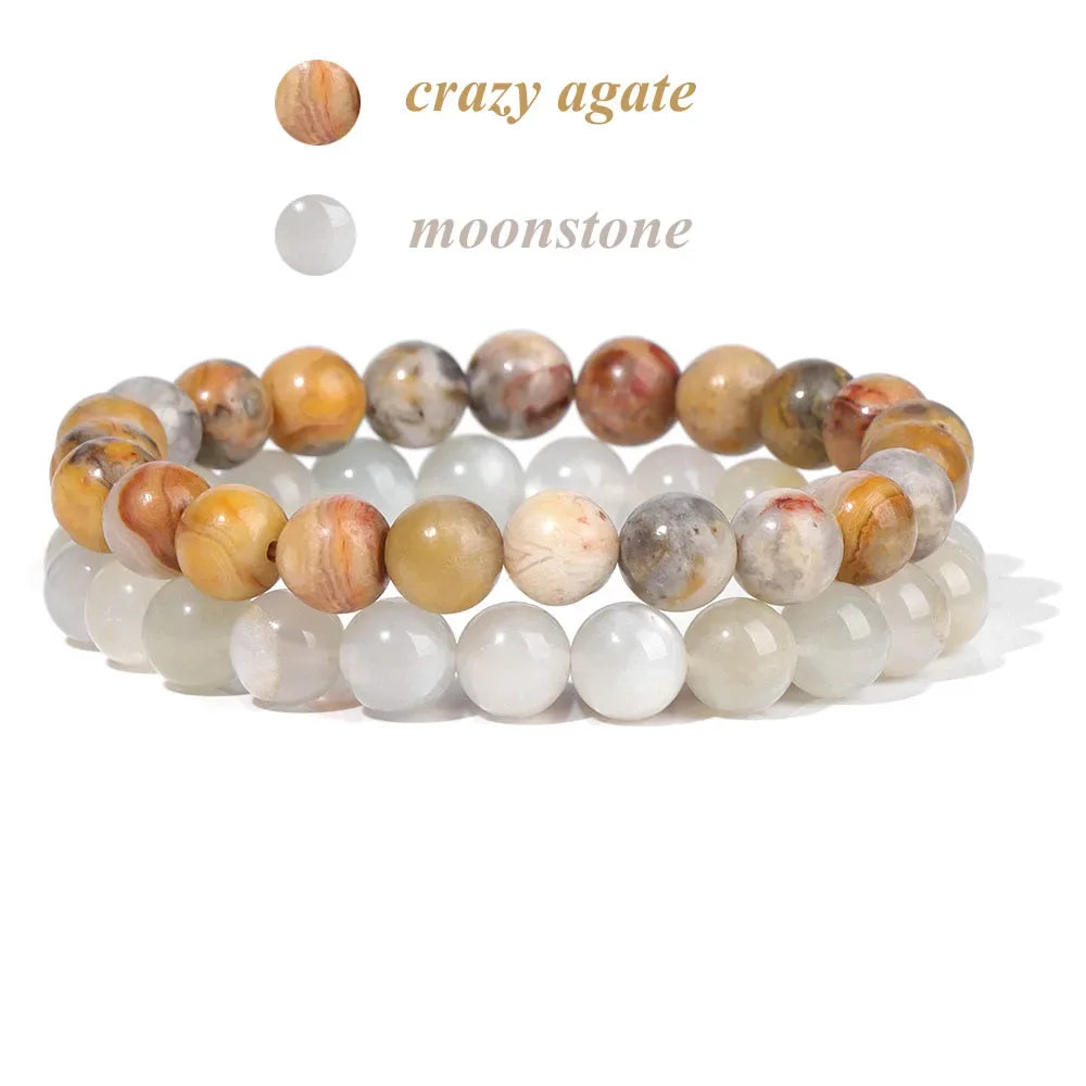 2Pcs Colorful Natural Stone Bead Bracelet Set 8MM Natural Agates Turquois Amethysts Quartzs Gem Stretch Bangle Jewelry Gift