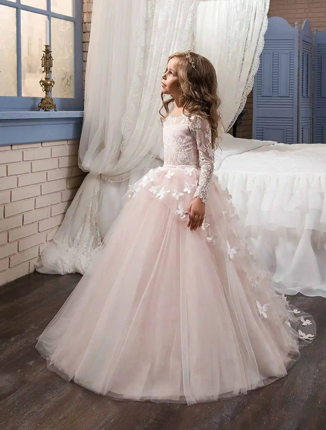 Girls Blush Pink Long Sleeve Lace Illusion Neckline 3D Butterfly Appliqué Tulle Flower Girl Dress With Train For Wedding Party