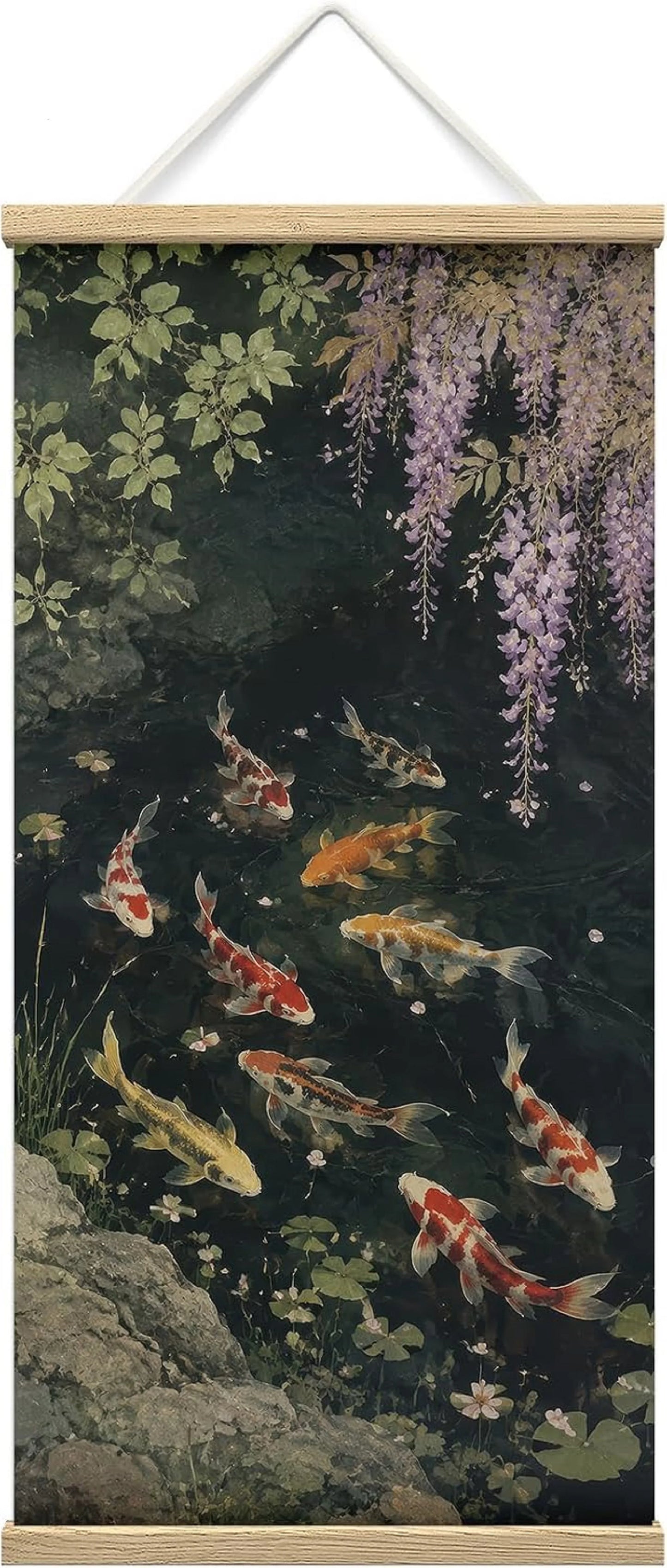 Wooden Framed Hanging Poster Zen Wisteria Koi Fish Pond Oriental Wall Picture Poster Artwork for Home