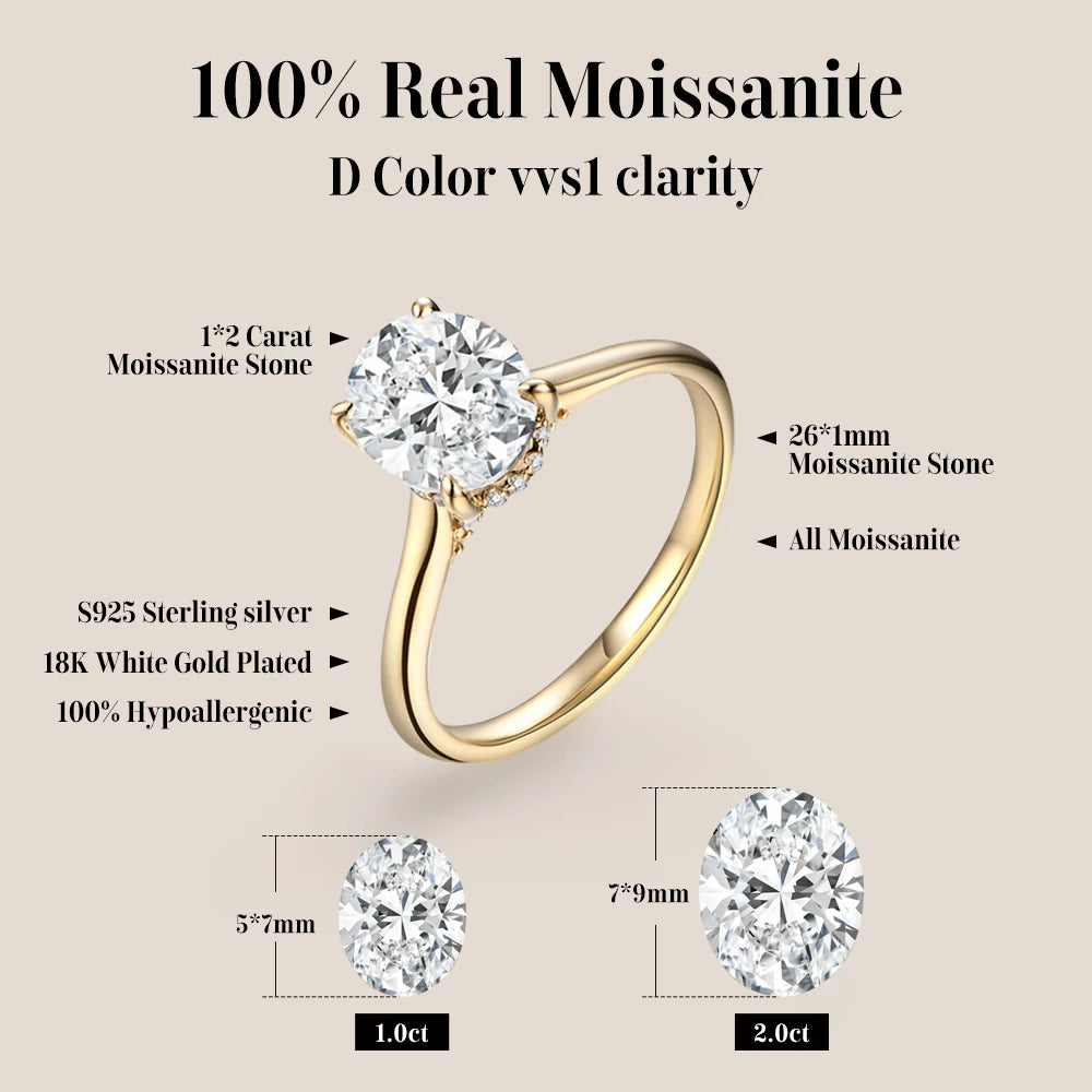 Oval cut 9*7mm2CT DVVS Moissanite Ring 925 Sterling Silver for Women Wedding Jewelry High Quality Shipping from the USA