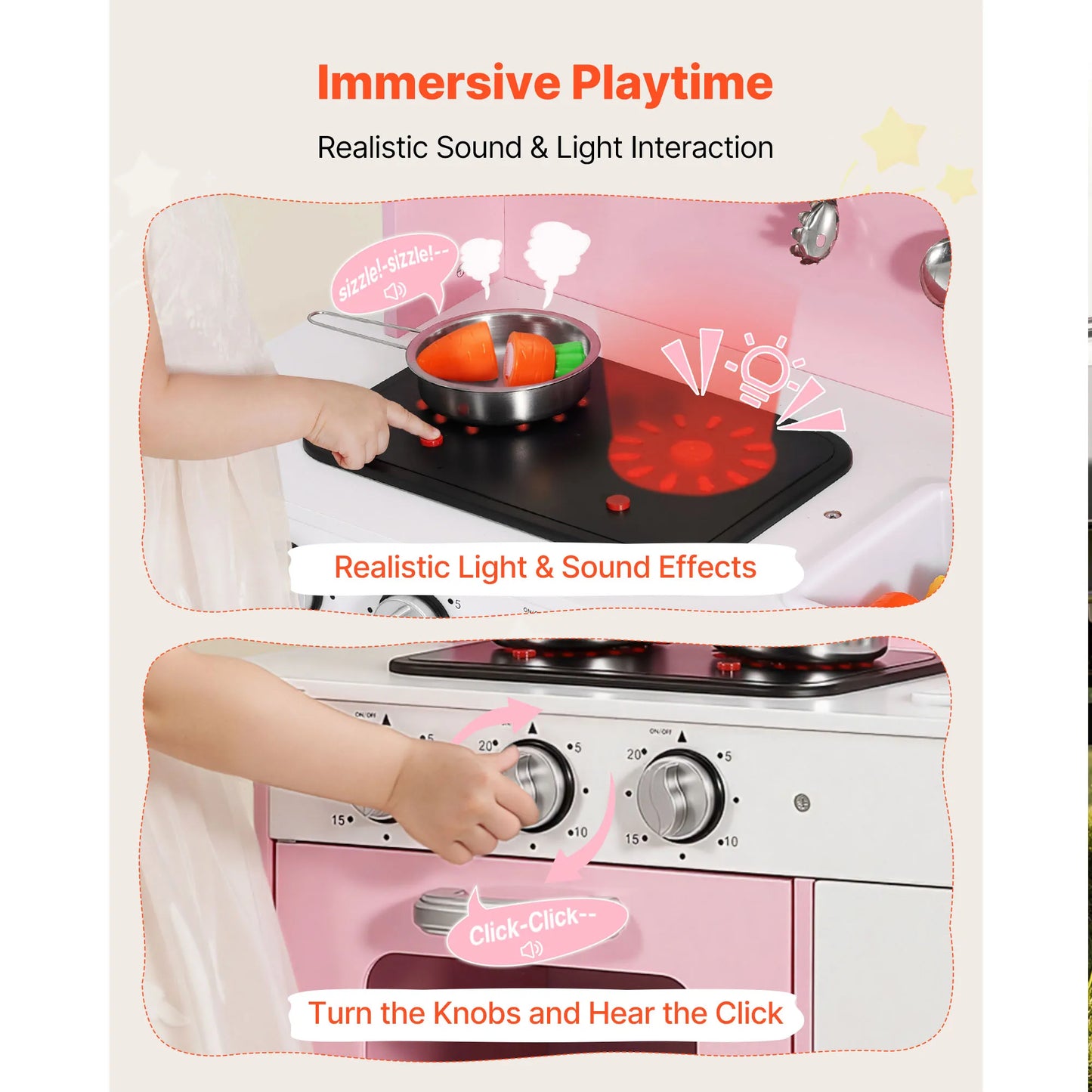 SucceBuy Play Kitchen for Kids Wooden Kids Kitchen Playset with Lights Sounds & Cookware Pretend Play Toy Set fit Toddlers Girls