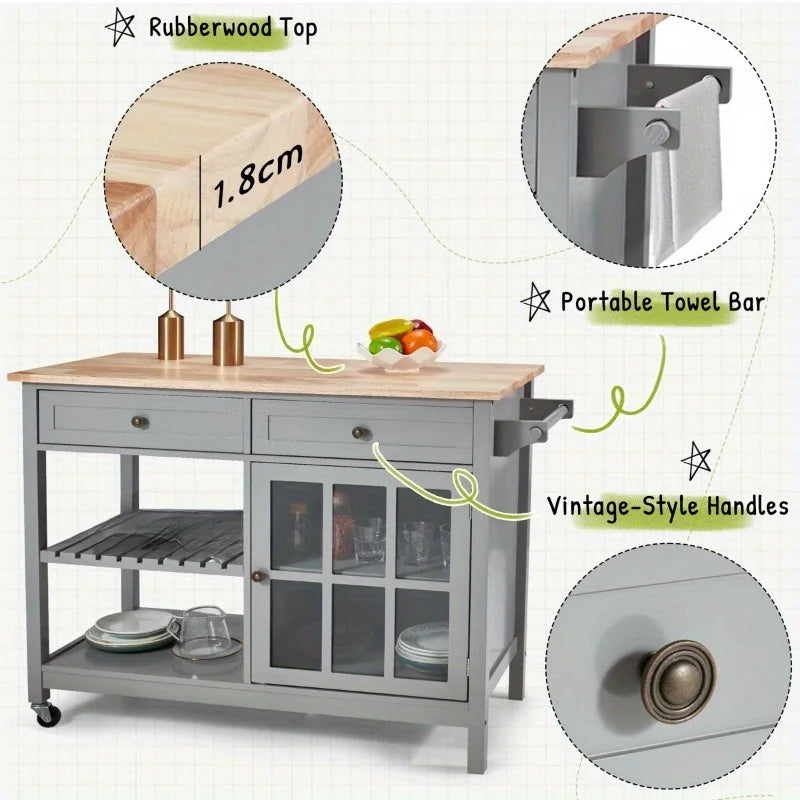 EROMMY 41.7" Solid Wood Top Kitchen Island, Mobile Kitchen Cart with Storage Cabinet, 2 Drawers, Open Shelf & Towel Rack