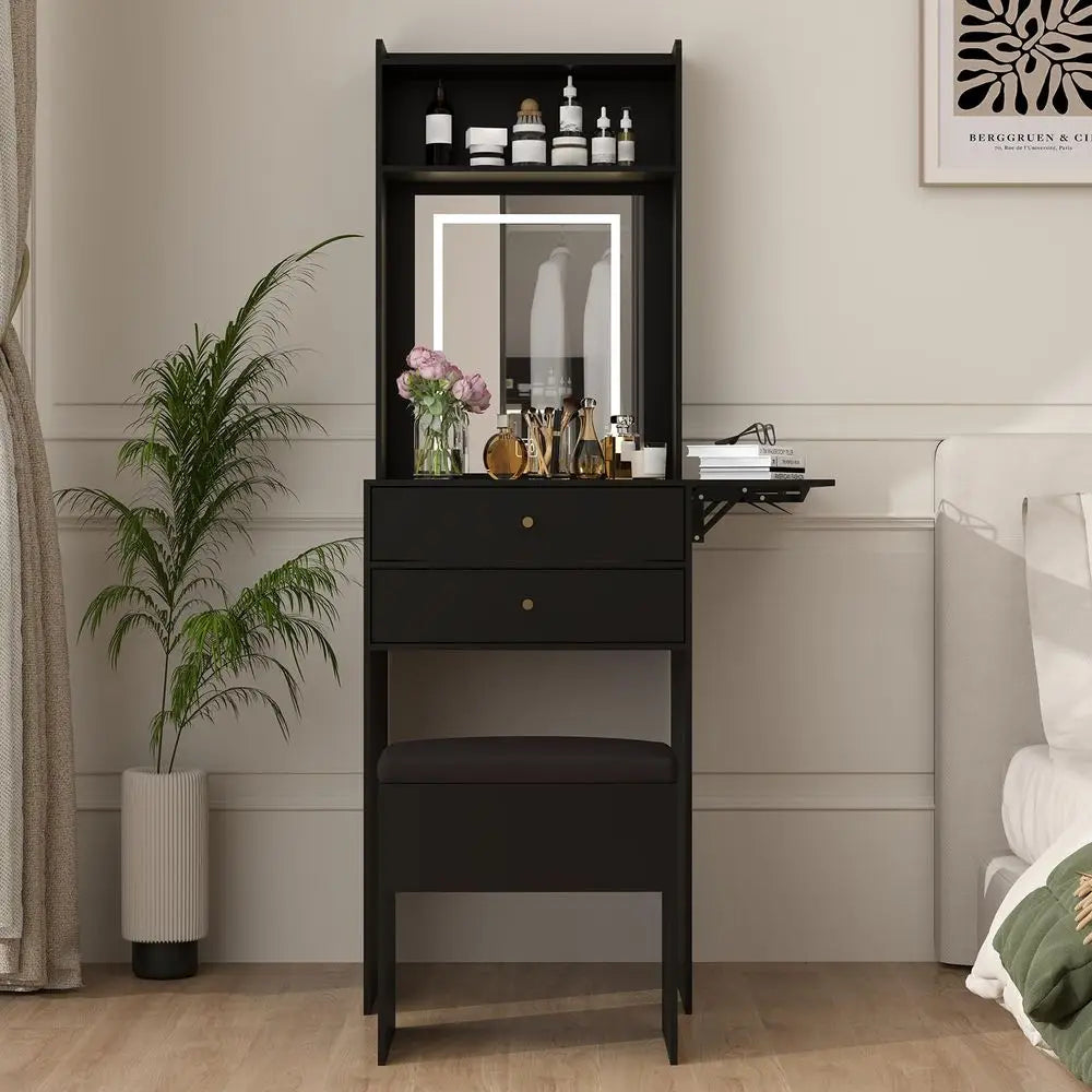 Table with Lighted Mirror and Stool, 3in1 Vanity Desk with 3Color LED Lights and 2 Drawers, FlipTop Hidden Storage Makeup Table