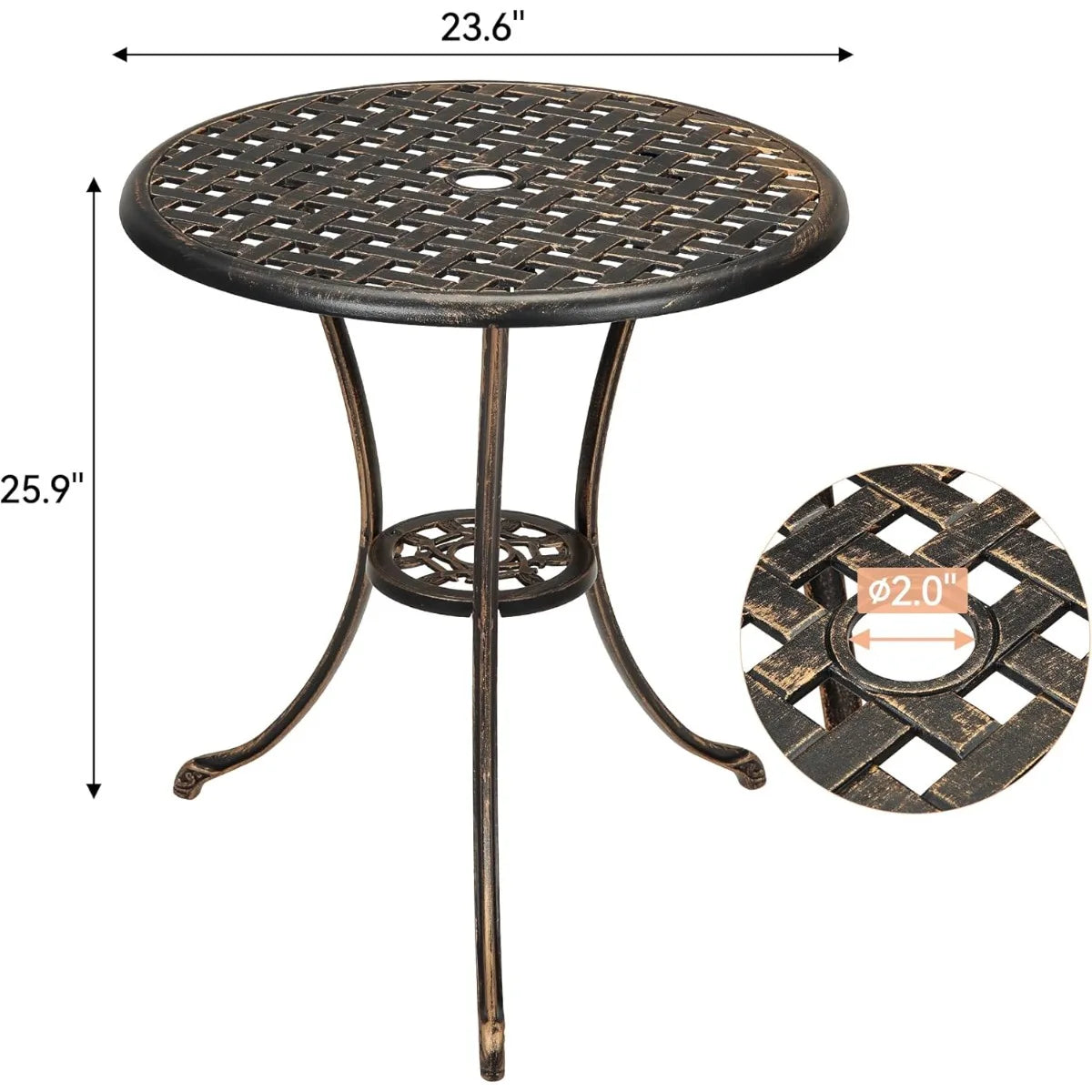 Patio Bistro Table, 24" Round Outdoor Coffee Table with 2" Umbrella Hole, Outdoor Cast Aluminum Bistro Table Side Tab