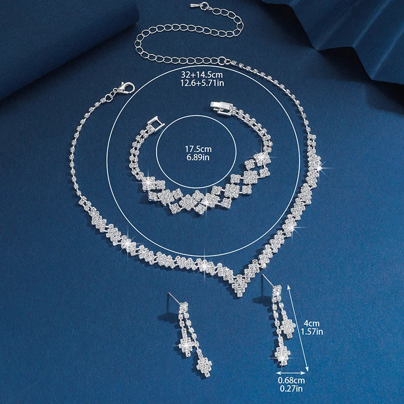 1Set Geometric Rhinestone Necklace Earrings Bracelet Kit Wedding Bride Jewelry Set Simple Tassel Sparkling Jewelry Set Gifts