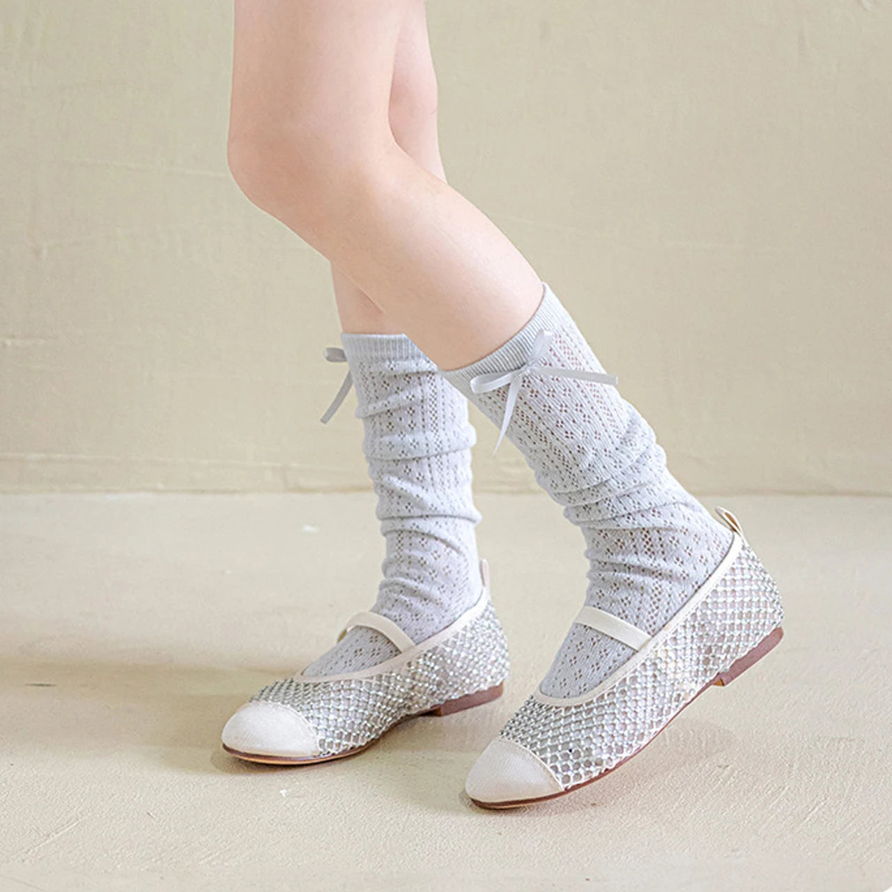 Japanese Hollow Bow Socks for Girl Summer Mesh Breathable Knee High Socks Solid Color Princess Kids Calf Socks 3-10 Years