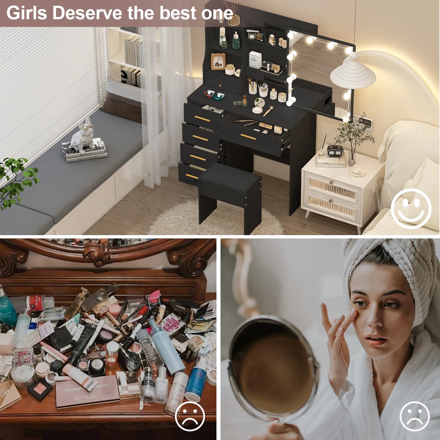 10 LED Lights Makeup Mirror Vanity Table Set with Stool, Sliding Drawers Dressing Desk for Bedroom, Beauty Cosmetic Storage Organizer