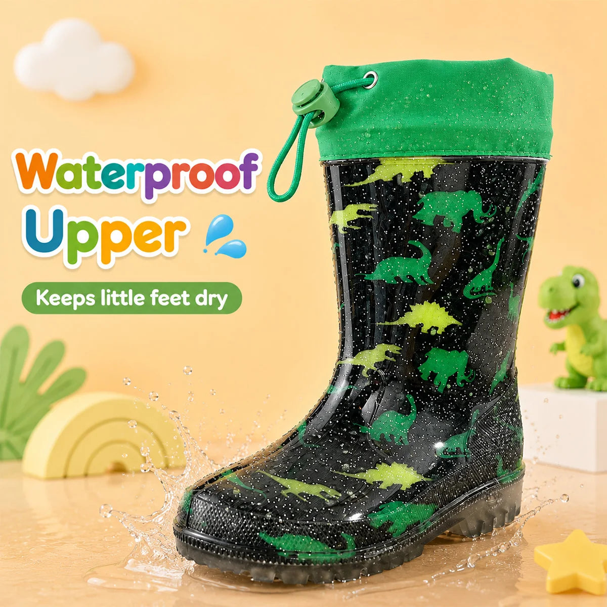Boys Green Dinosaur Print Glitter Kids Rain Boots Adjustable Drawstring Cuff Waterproof Anti-slip PVC Children Wellies Outdoor Rain Water Shoes