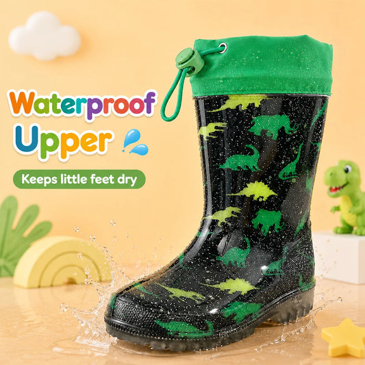 Boys Green Dinosaur Print Glitter Kids Rain Boots Adjustable Drawstring Cuff Waterproof Anti-slip PVC Children Wellies Outdoor Rain Water Shoes