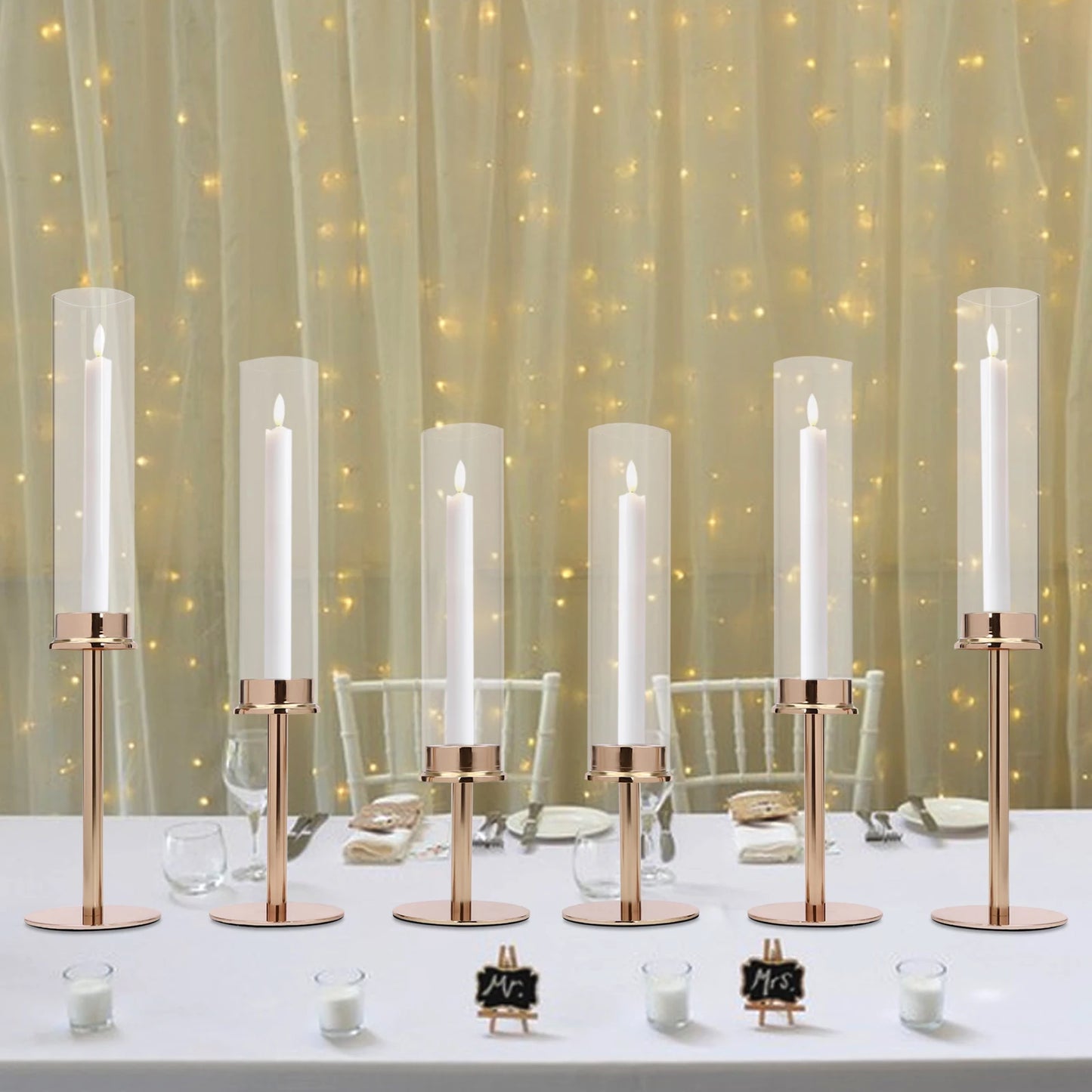 6PCS Candle Holder, Different Heights, Windproof, Gold, Decorative Glass Pillar Candle Holders for Home, Wedding, Party, Dinner
