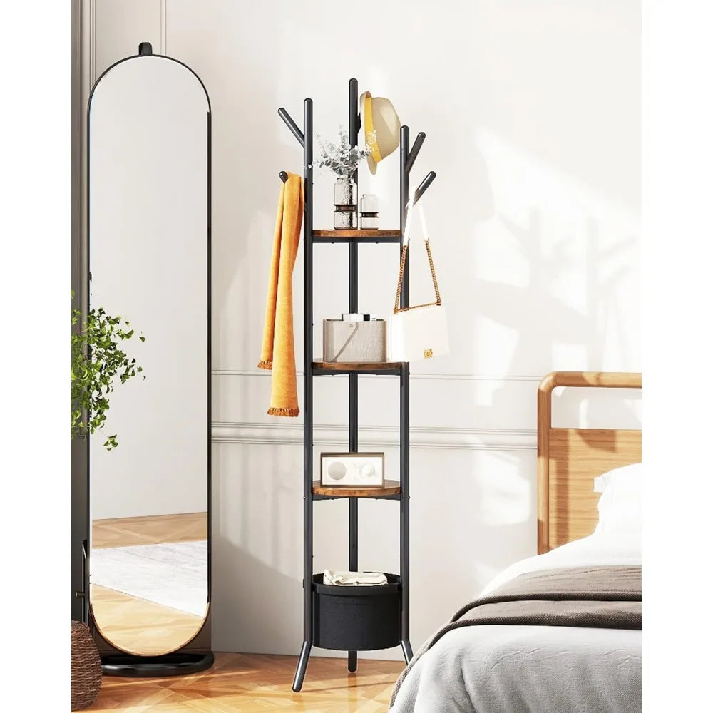 Freestanding Coat Rack with Three Wooden Shelves Fabric Basket and Metal Frame for Hallway Bedroom Storage