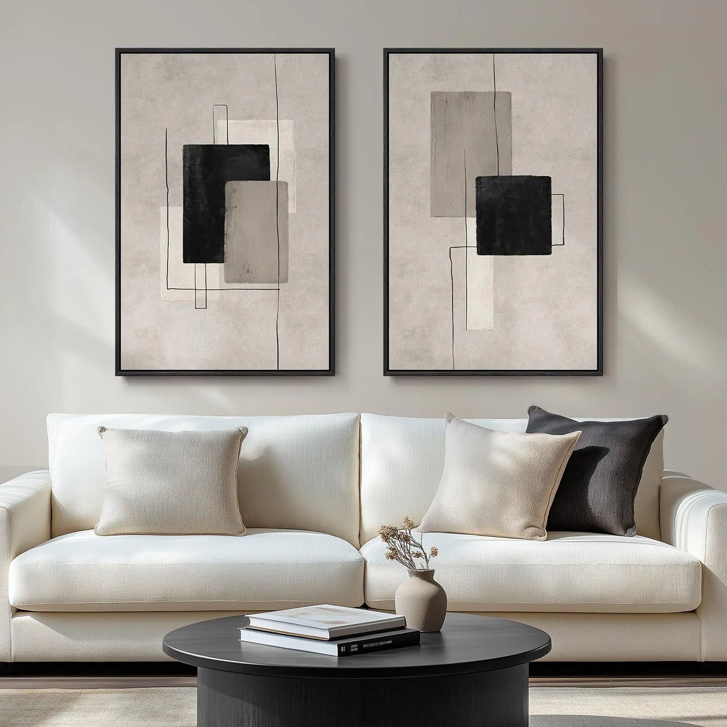 Framed Neutral Abstract Wall Art Set of 2, Black Beige Modern Canvas Prints Paintings Artwork for Walls, Minimalist Block Lines Pictures for Living Room, Dining Room, Bedroom Wall Decor 16x24 In