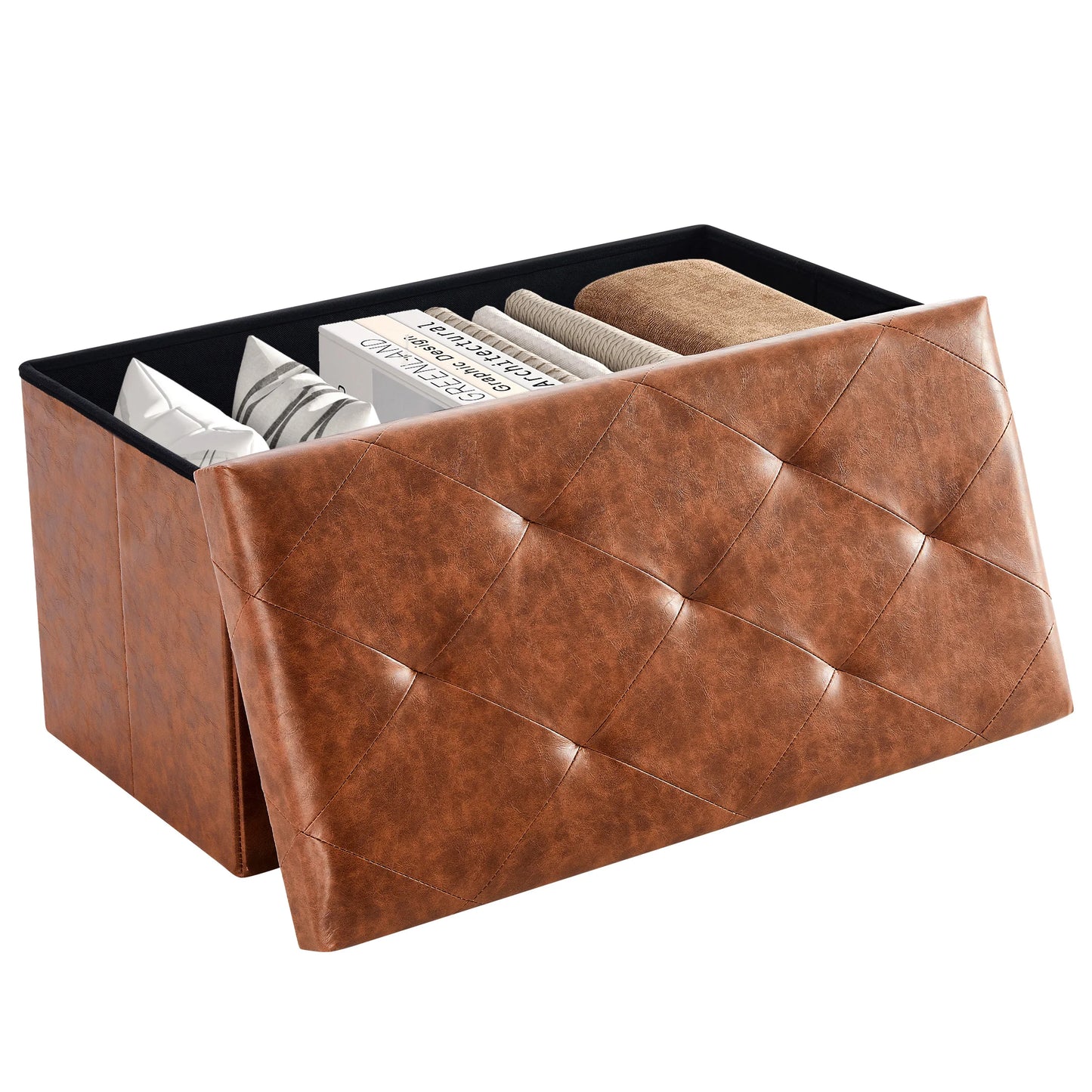 MCQ 30 Inch Faux Leather Foldable Ottoman Foot Rest Stool with Storage Folding End of Bed Storage Bench Storage for Living Room Bedroom Entryway