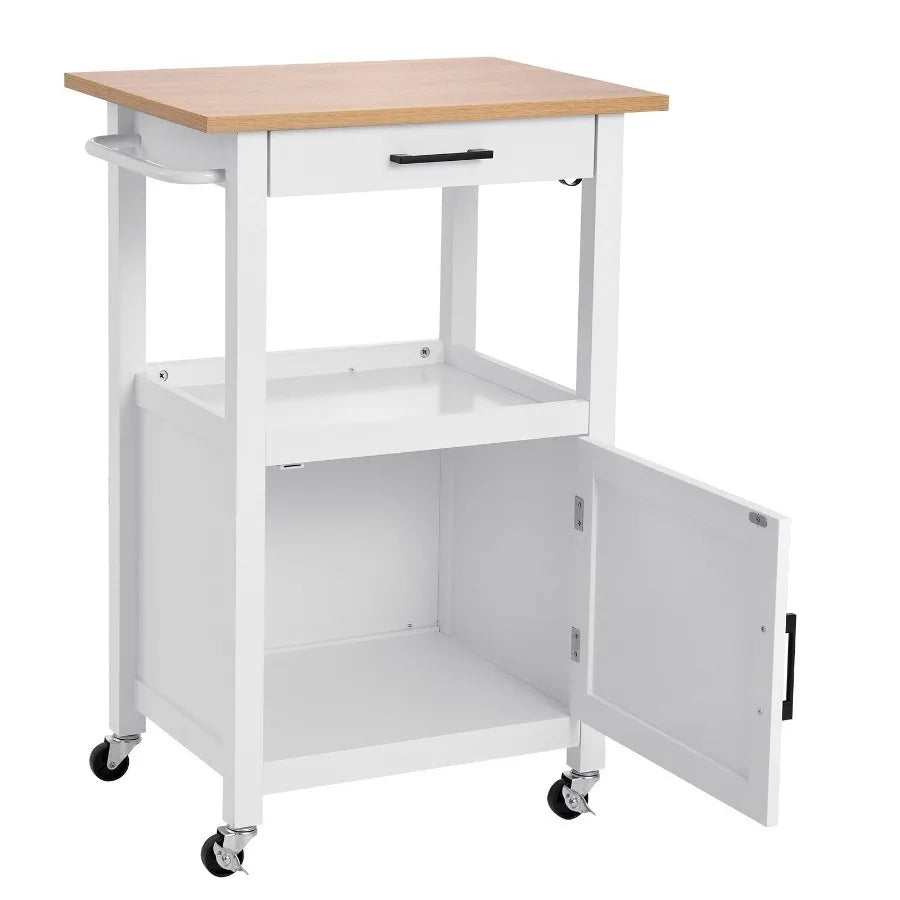 Kitchen Island Cart with Single Door Cabinet Mobile Carts with Drawer Towel Rack Hooks Portable Table on Swivel Wheels Small Co