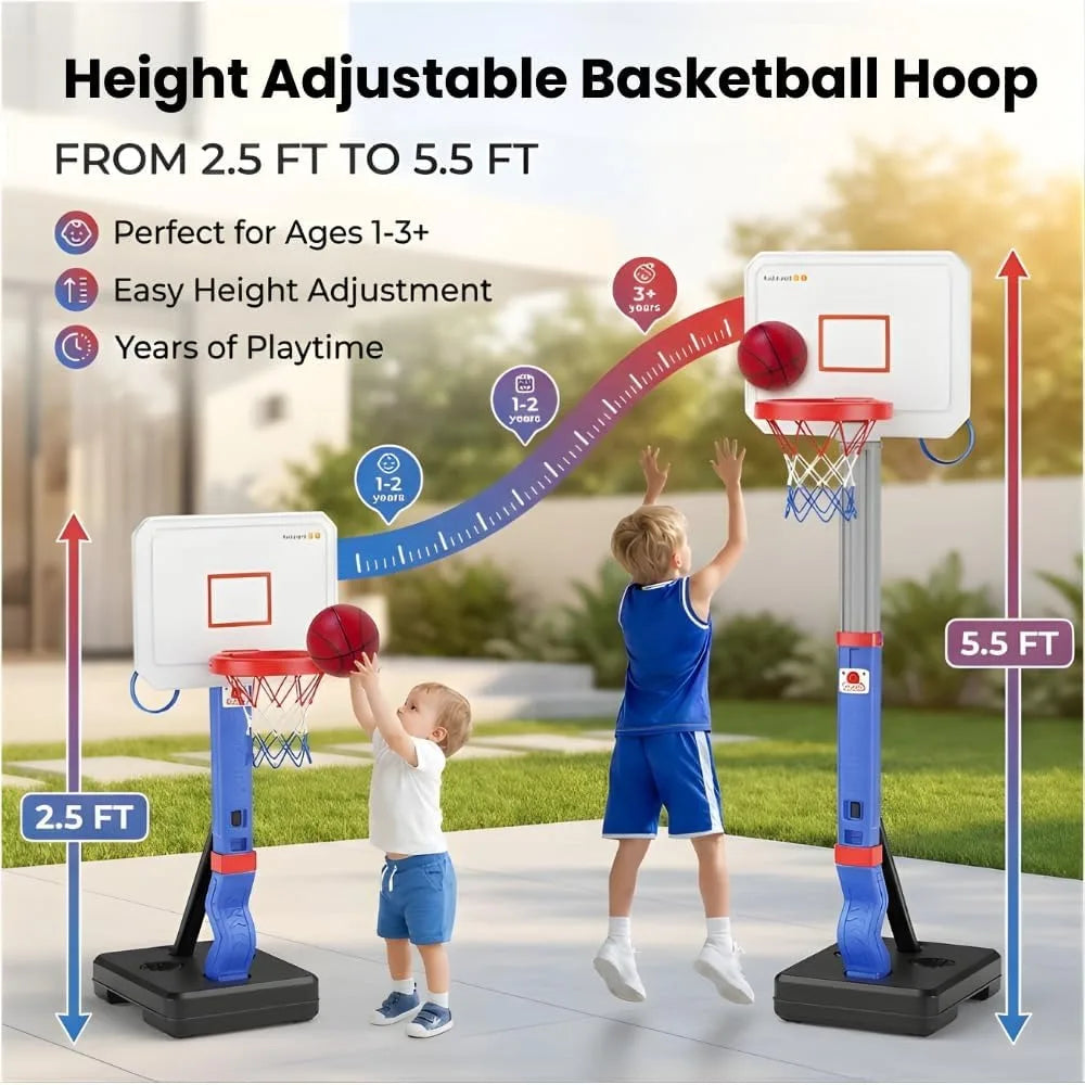 Toddler Basketball Hoop, Height Adjustable 2.5-5.5ft, Indoor & Outdoor Set with Balls & Pump, for Ages 1-5