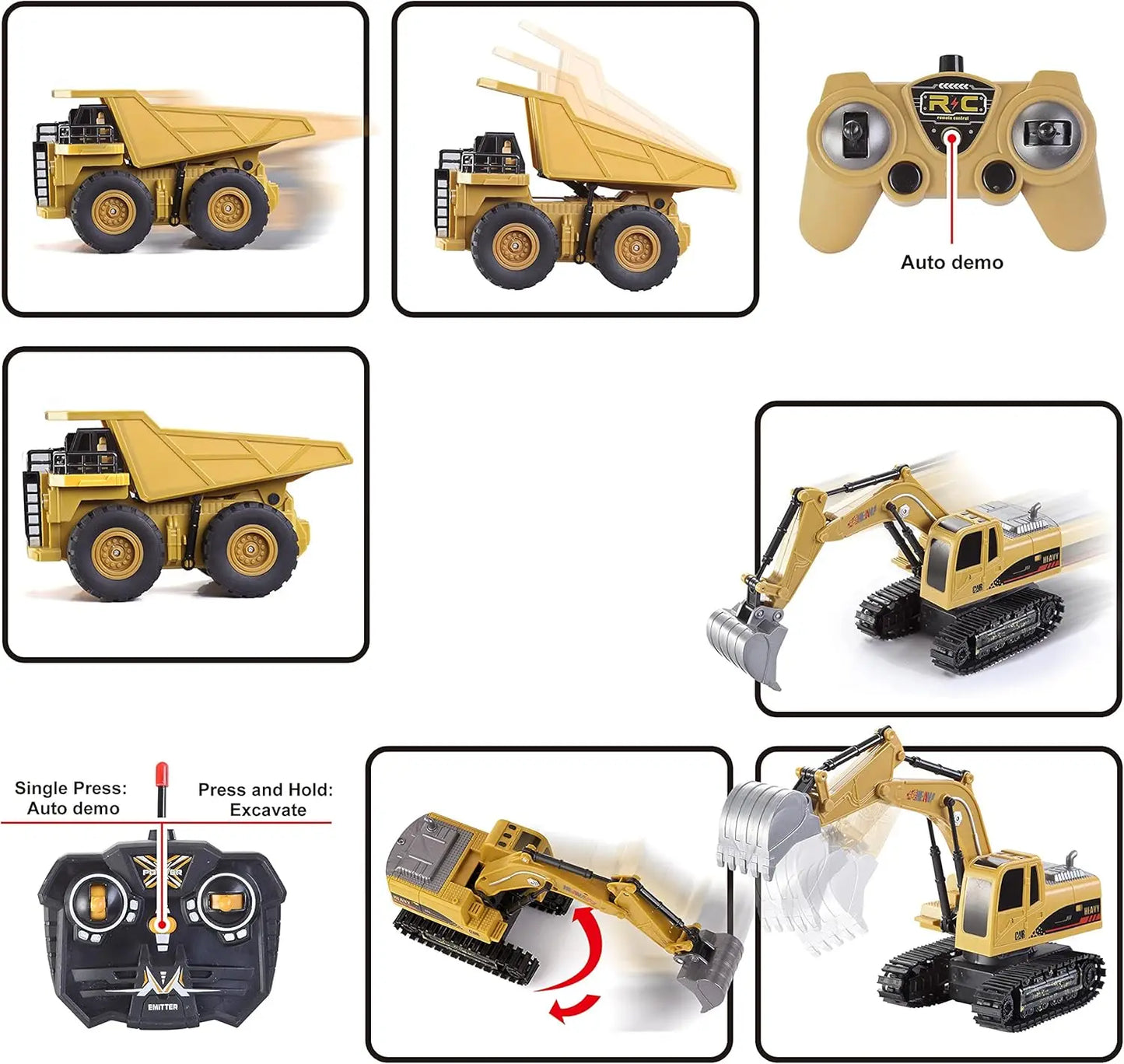 2 PCS Remote Control Construction Vehicle Toy Set Friction-Powered RC Excavator & RC Truck for Kid Christmas Birthday Gift