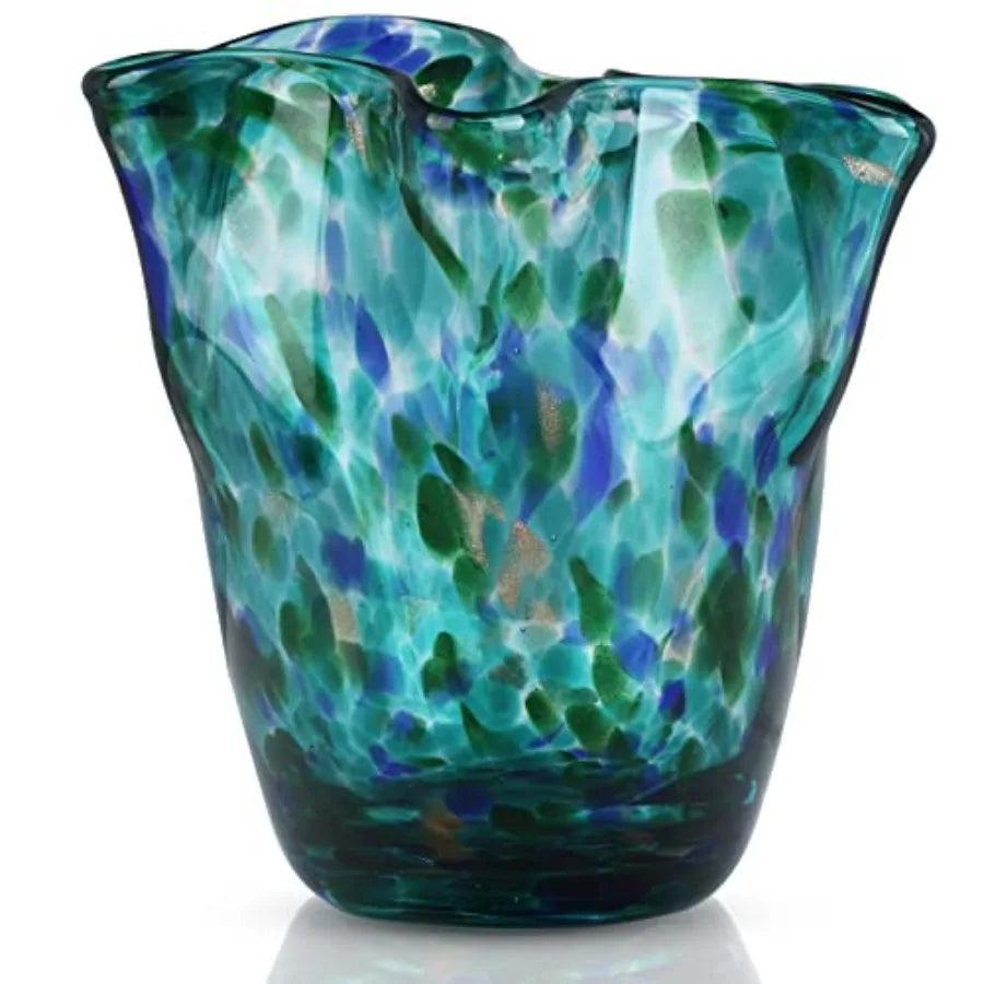 Blown Glass vase, Green Glass vase, Modern Art vase, Wide Mouth vase for Living Room Wedding Table Office centerpieces with Flo