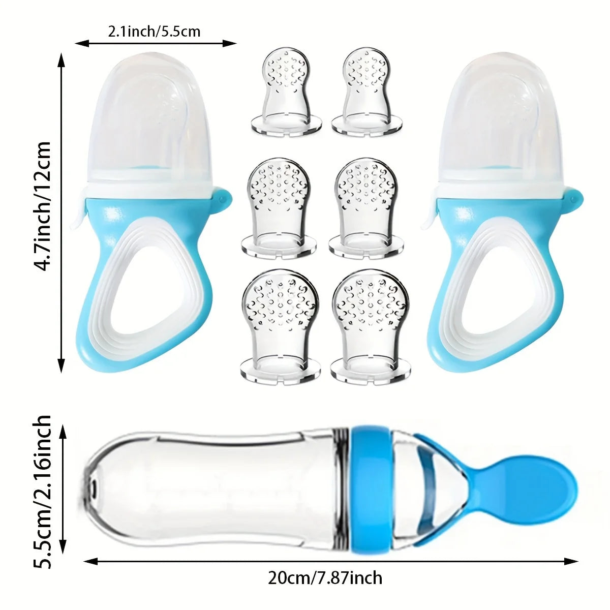 9pcs Multi-Functional Baby Rice Cereal Feeding Set: 1pc Rice Cereal Bottle, 2pcs Teething Pacifiers, 6pcs Different Size Mesh Bags (2pcs Each In S, M, L) - Blue