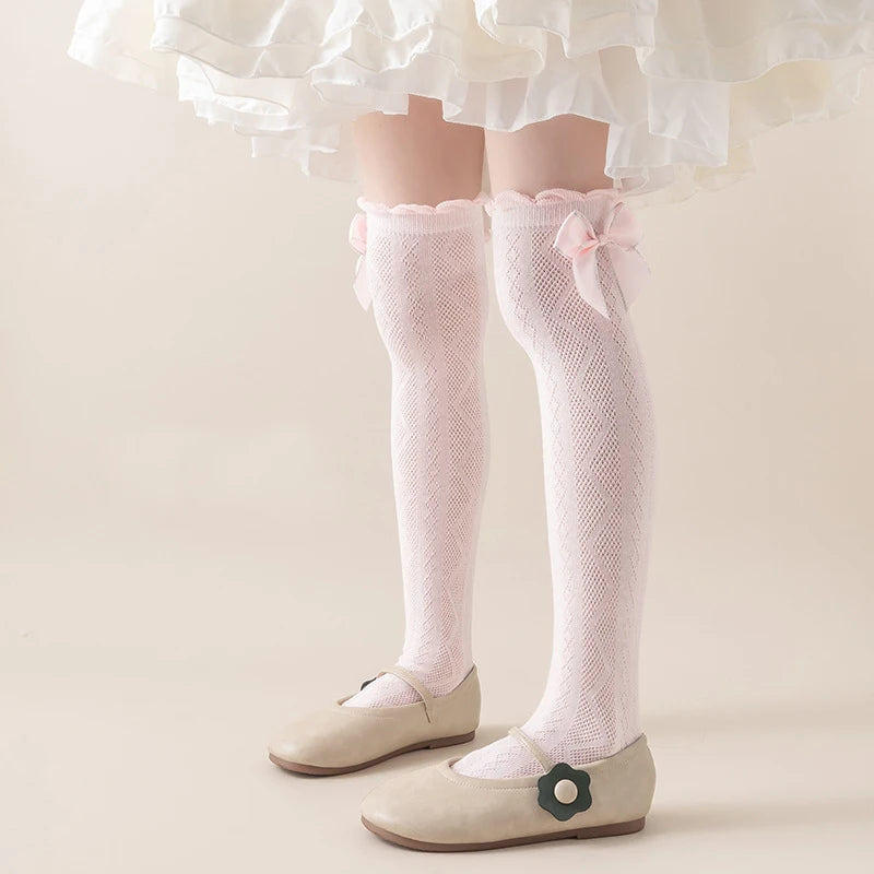 1pcs Girls Knee High Socks Spring Summer Baby Kids Toddlers Long Soft Cotton Socks Student Lace Bow Childrens Lolita Style Socks