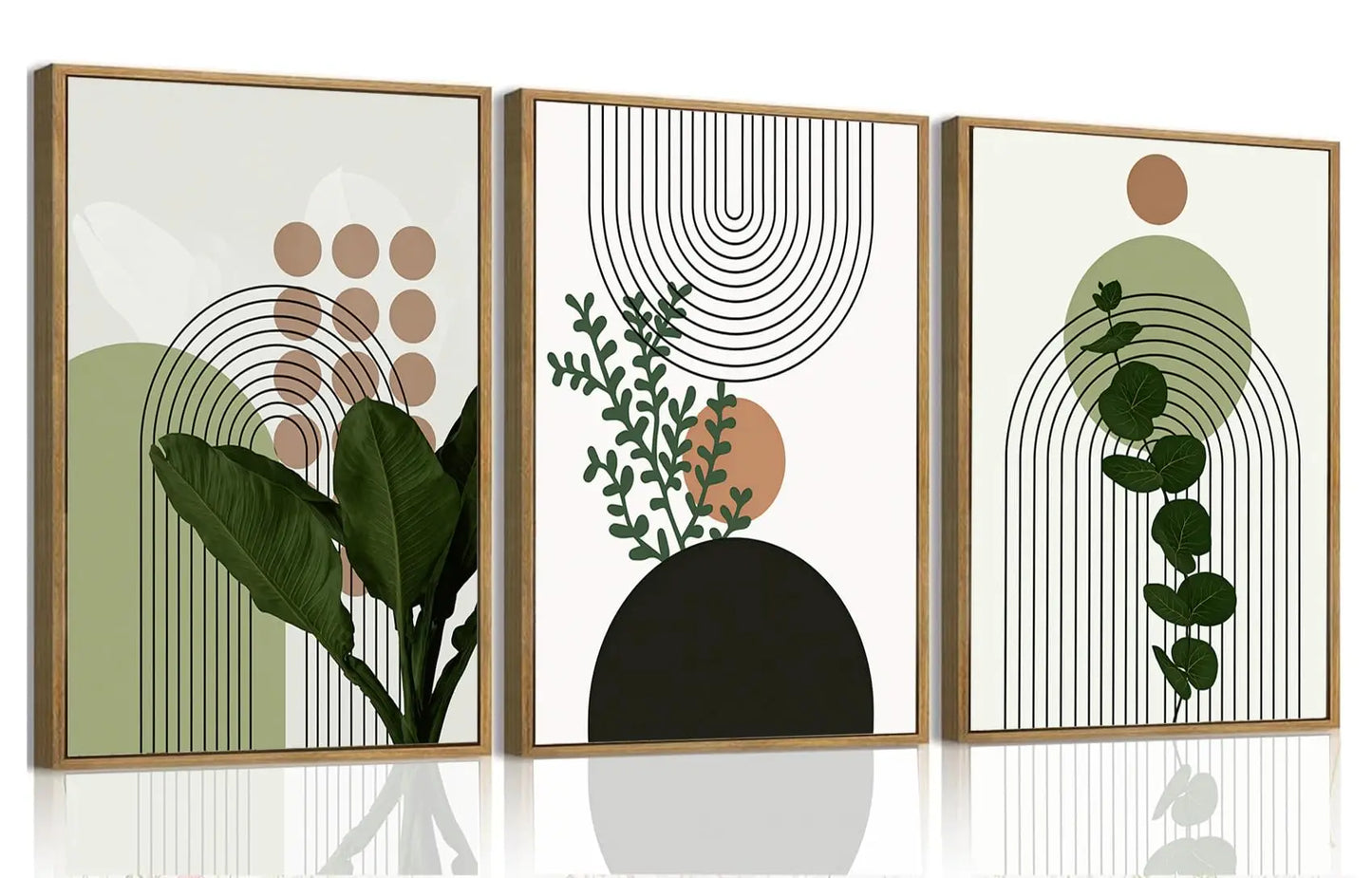 Framed Boho Canvas Wall Art Mid Century Modern Prints Set of 3 Neutral Geometric Line Leaf Paintings Decor Minimalist Abstract Pictures Bedroom Living Room Bathroom