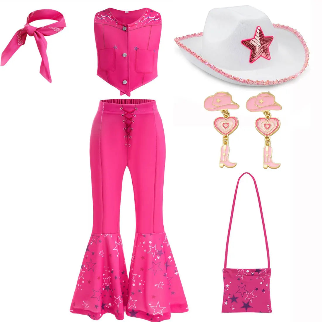 Halloween Hot Movie Margot Robbie Role Play Baby Pink Dress Girl Cowboy Look Dress Summer Sleeveless Plaid Slim Strap Dress Set