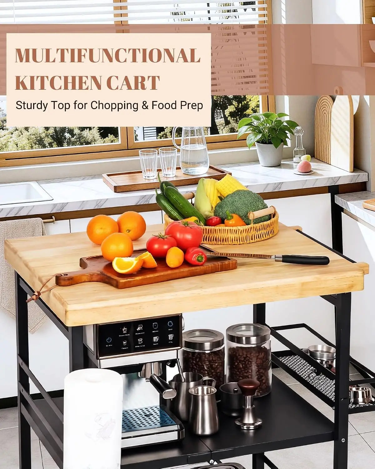 Black Foldable 3-Tier Wheeled Kitchen Cart Mobile Kitchen Island with Wooden Tabletop Multipurpose Microwave Stand & Coffee Bar Trolley Featuring Side Storage Rack for Household Kitchen Storage
