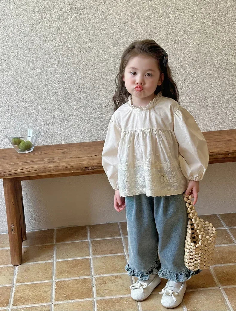 Kids Jeans Girls New 2025 Spring  Autumn Childrens Fashion Casual Wide-leg Pants Lace Princess Sweet and Lovely