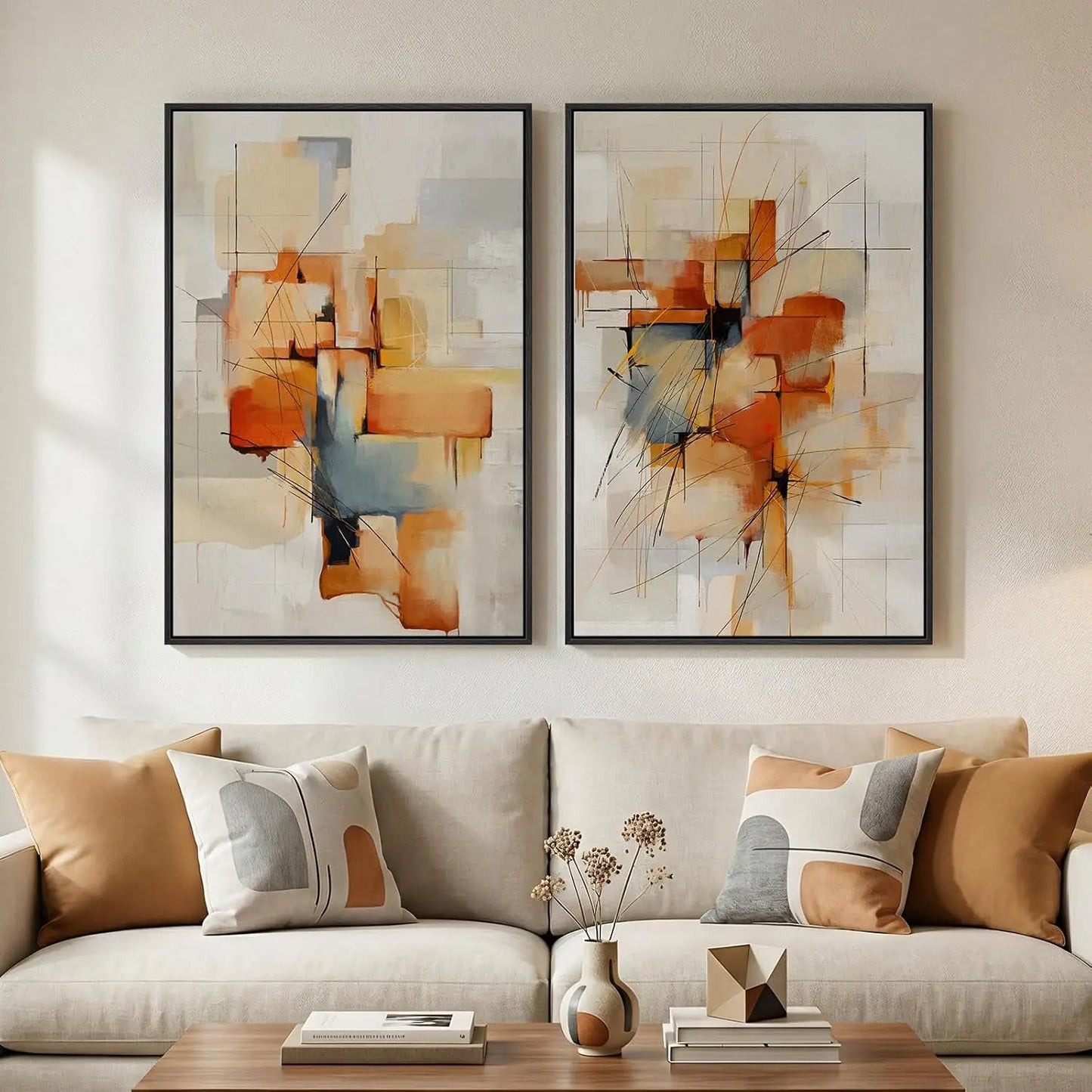 Framed Neutral Abstract Wall Art Set of 2, Black Beige Modern Canvas Prints Paintings Artwork for Walls, Minimalist Block Lines Pictures for Living Room, Dining Room, Bedroom Wall Decor 16x24 In